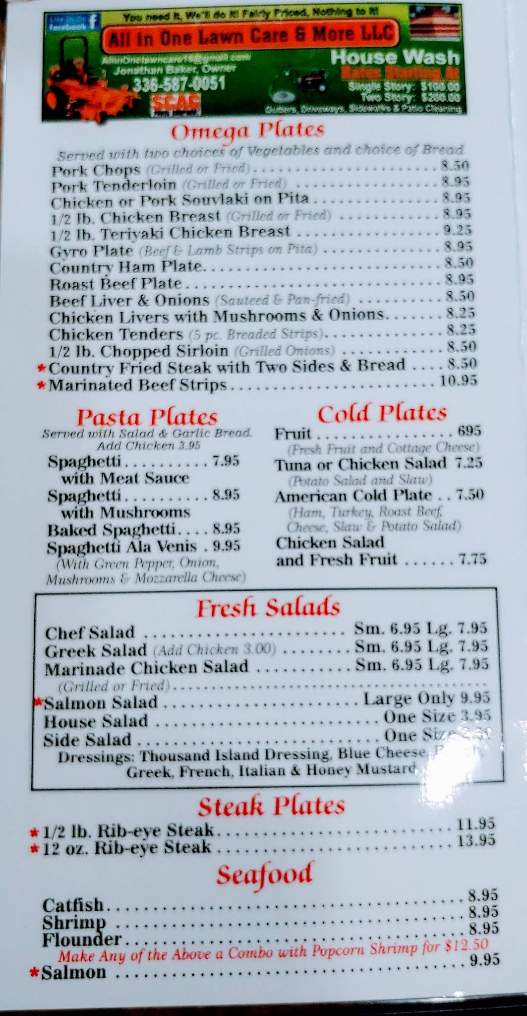 Menu at Omega House restaurant, WinstonSalem