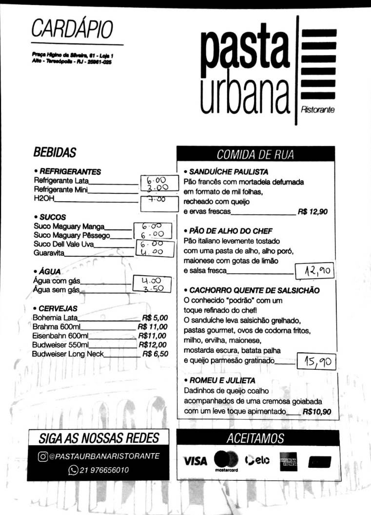 Menu em Pasta Urbana Ristorante restaurante, Teresópolis