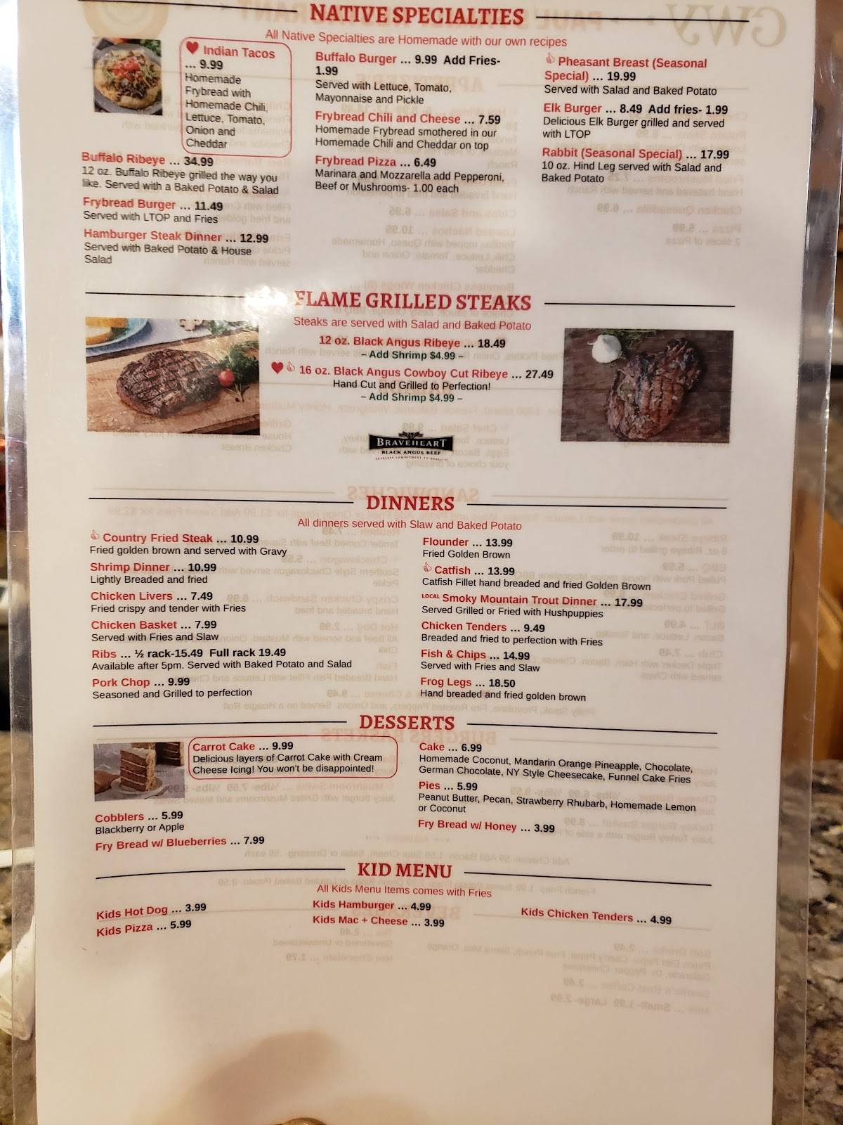 Menu at Paul's Family Restaurant, Cherokee