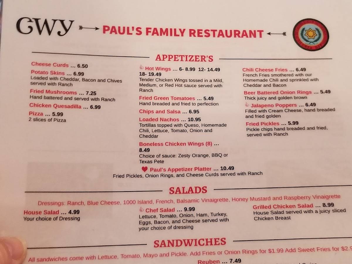 Menu at Paul's Family Restaurant, Cherokee