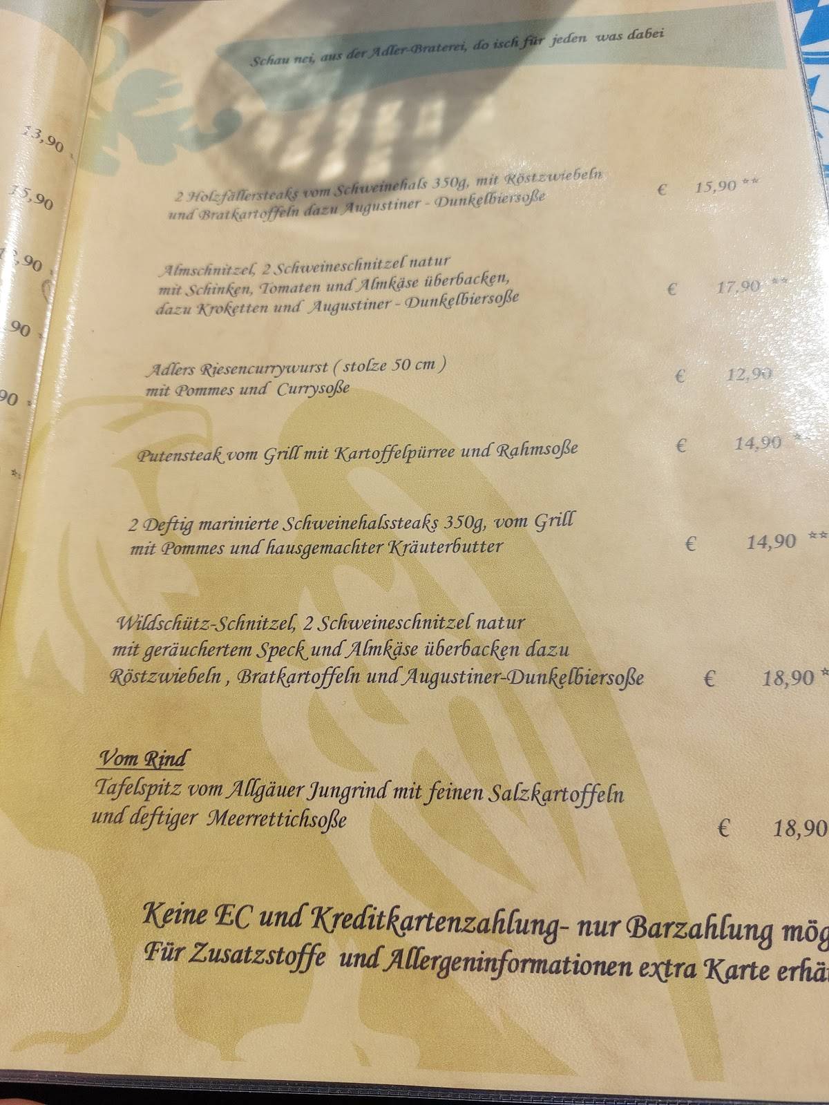 Speisekarte Von Gasthof Adler Restaurant Pfronten