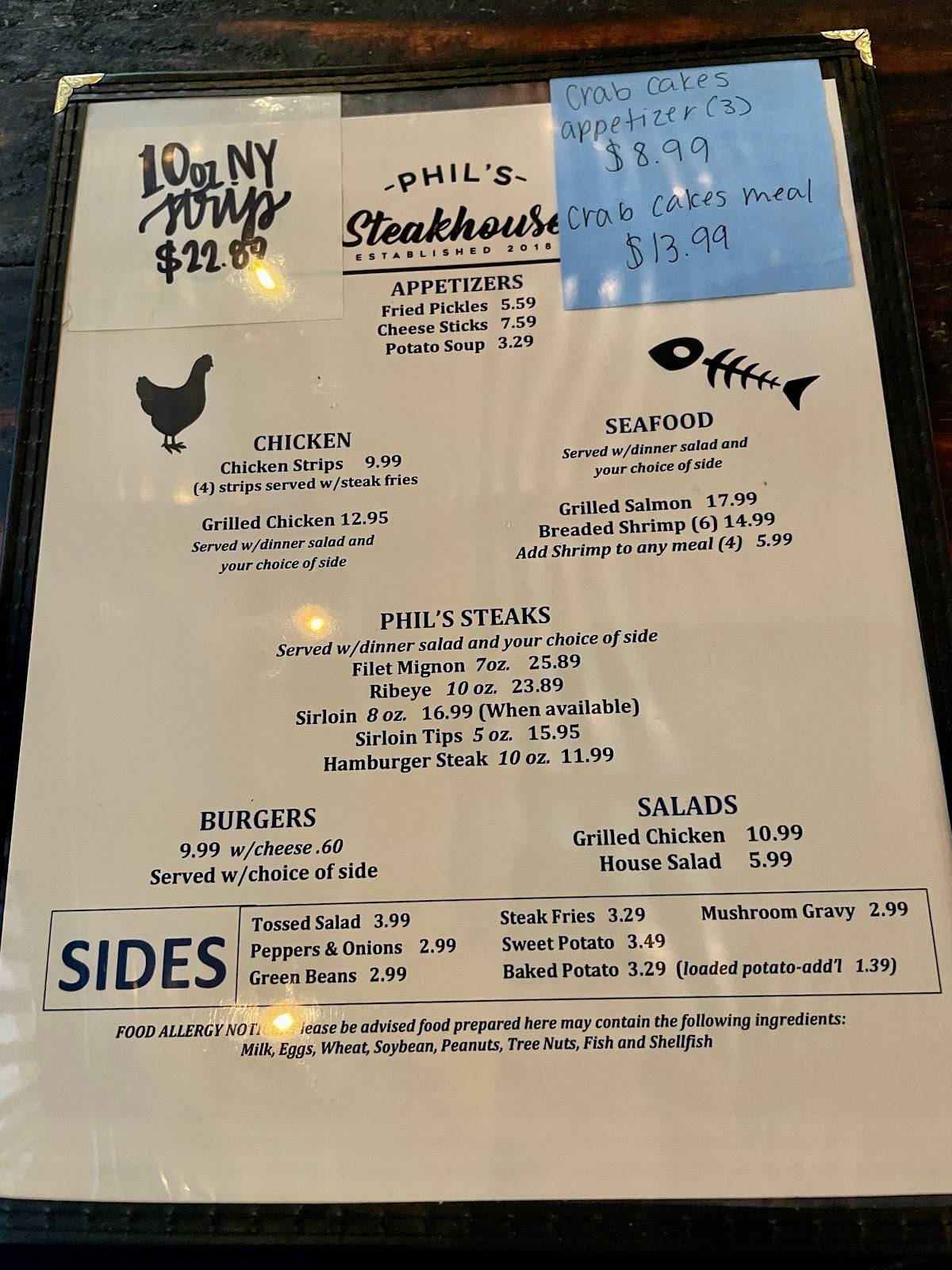 Menu at Phil's Steakhouse, Pacolet