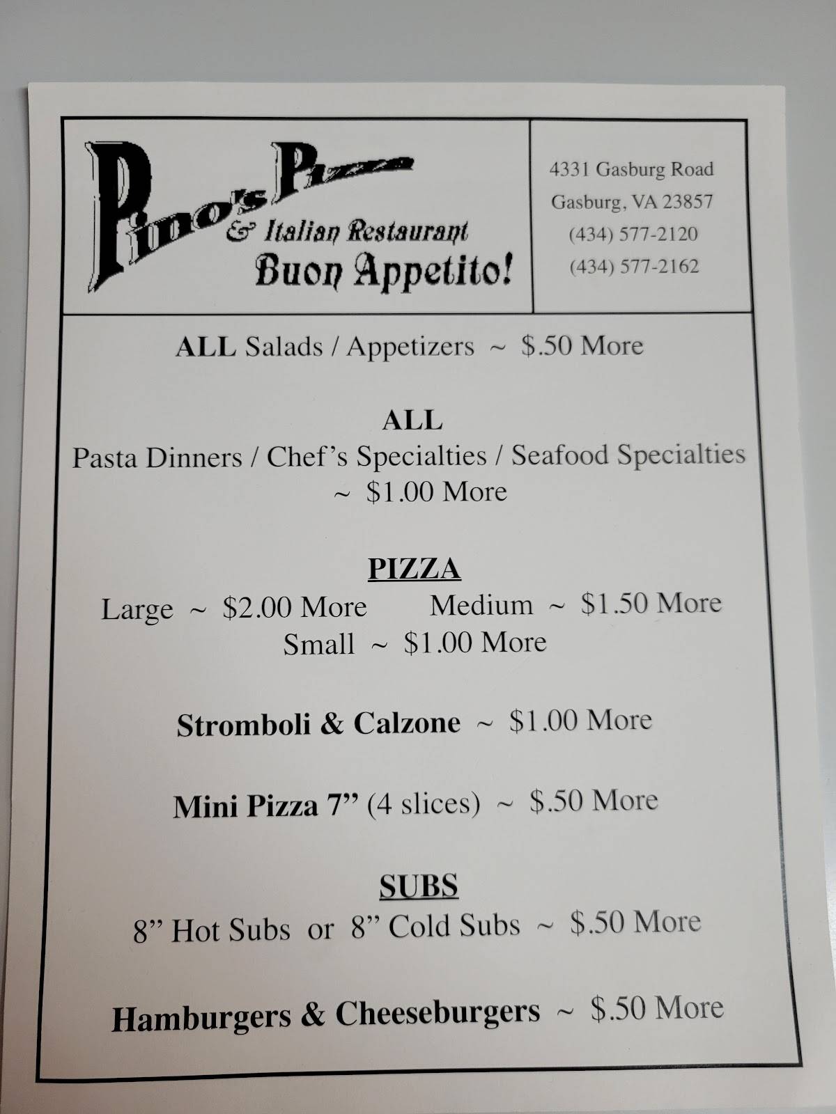 Menu at Pino's Pizza & Restaurant, Gasburg