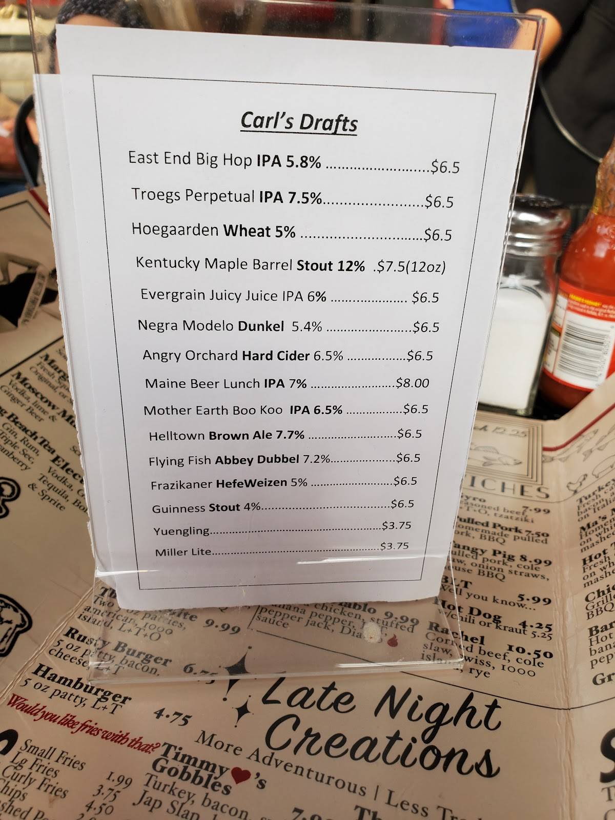 Menu at Carl's Tavern pub & bar, Pittsburgh