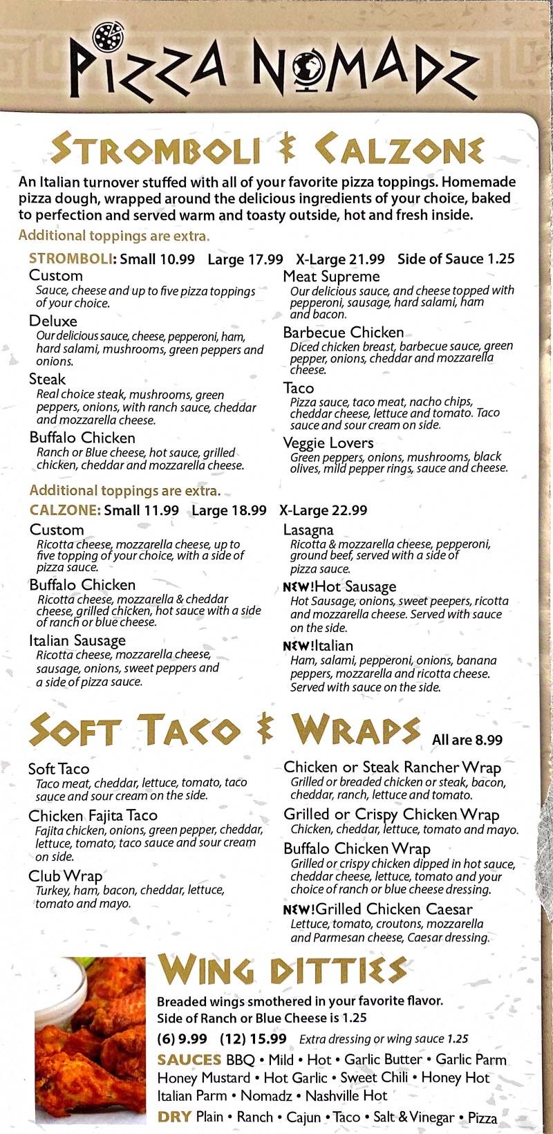 Menu at Pizza Nomadz restaurant, Clymer