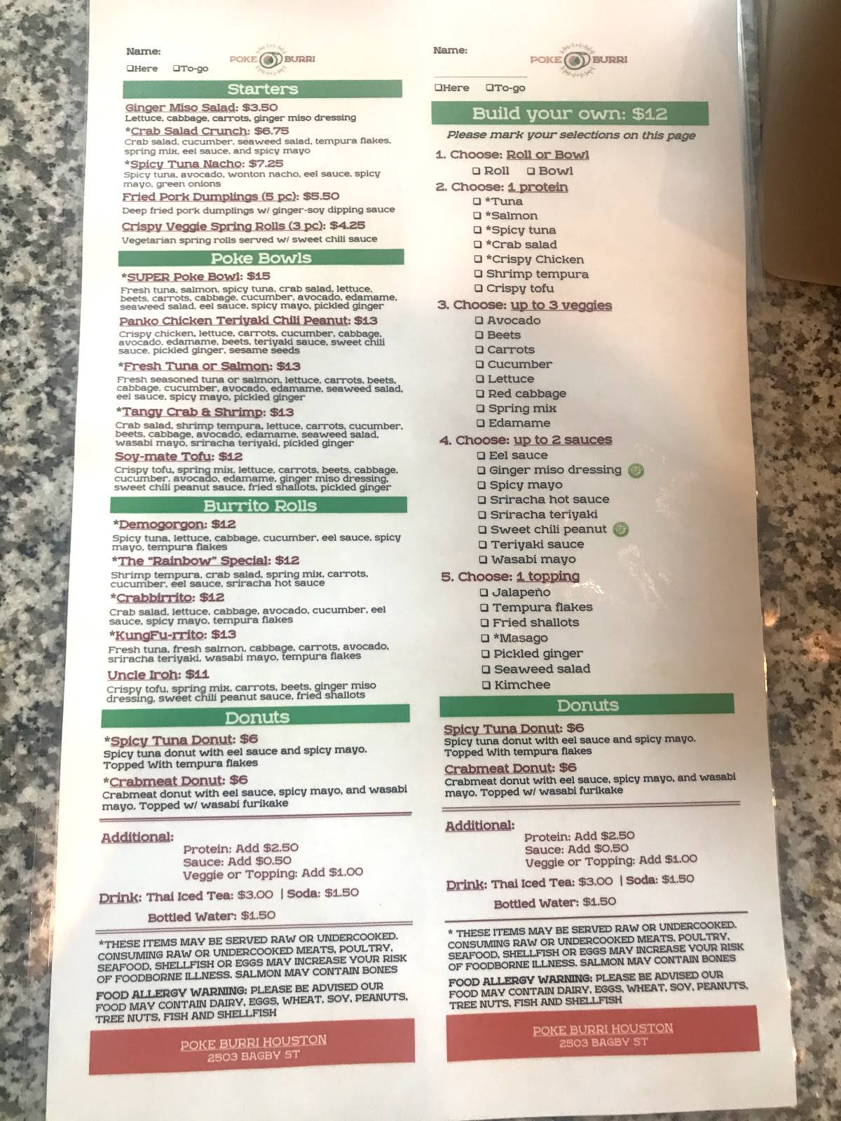 Menu at Poke Burri / Lifting Noodles Ramen restaurant, Sugar Land