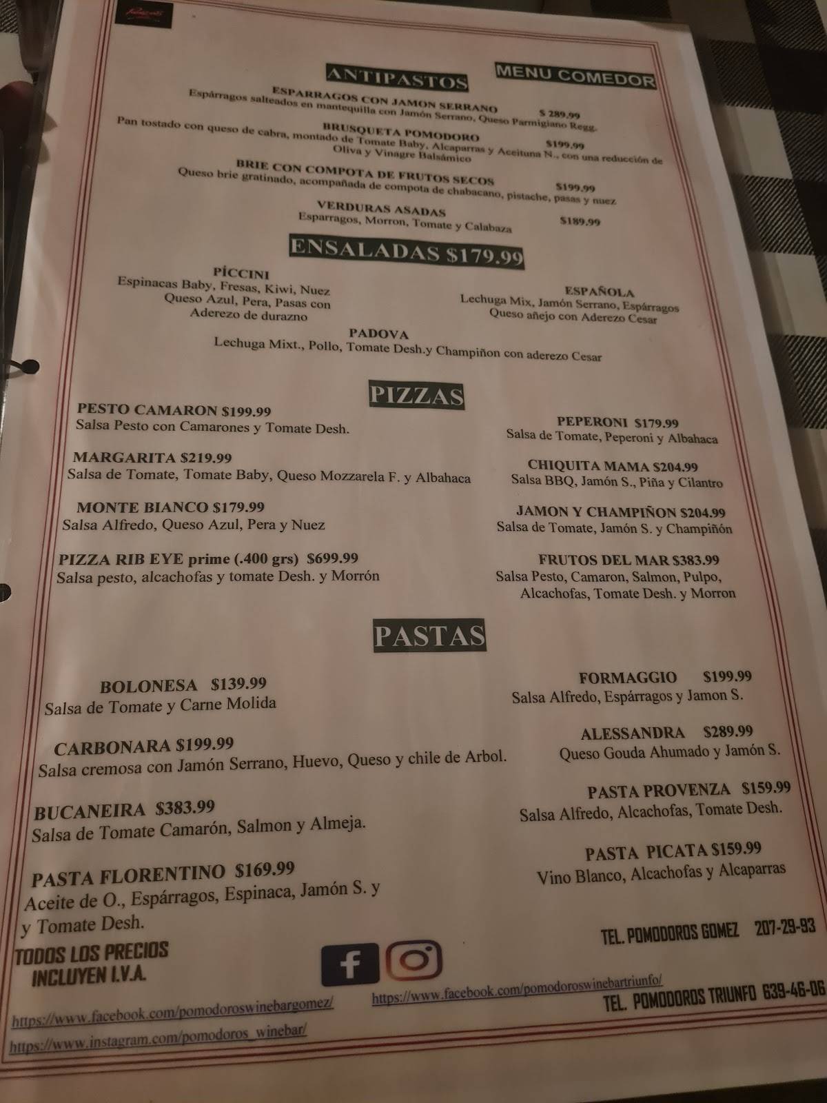 Menu at Pomodoro's restaurant, Ciudad Juarez, Blvd. Manuel Gómez Morín 7464