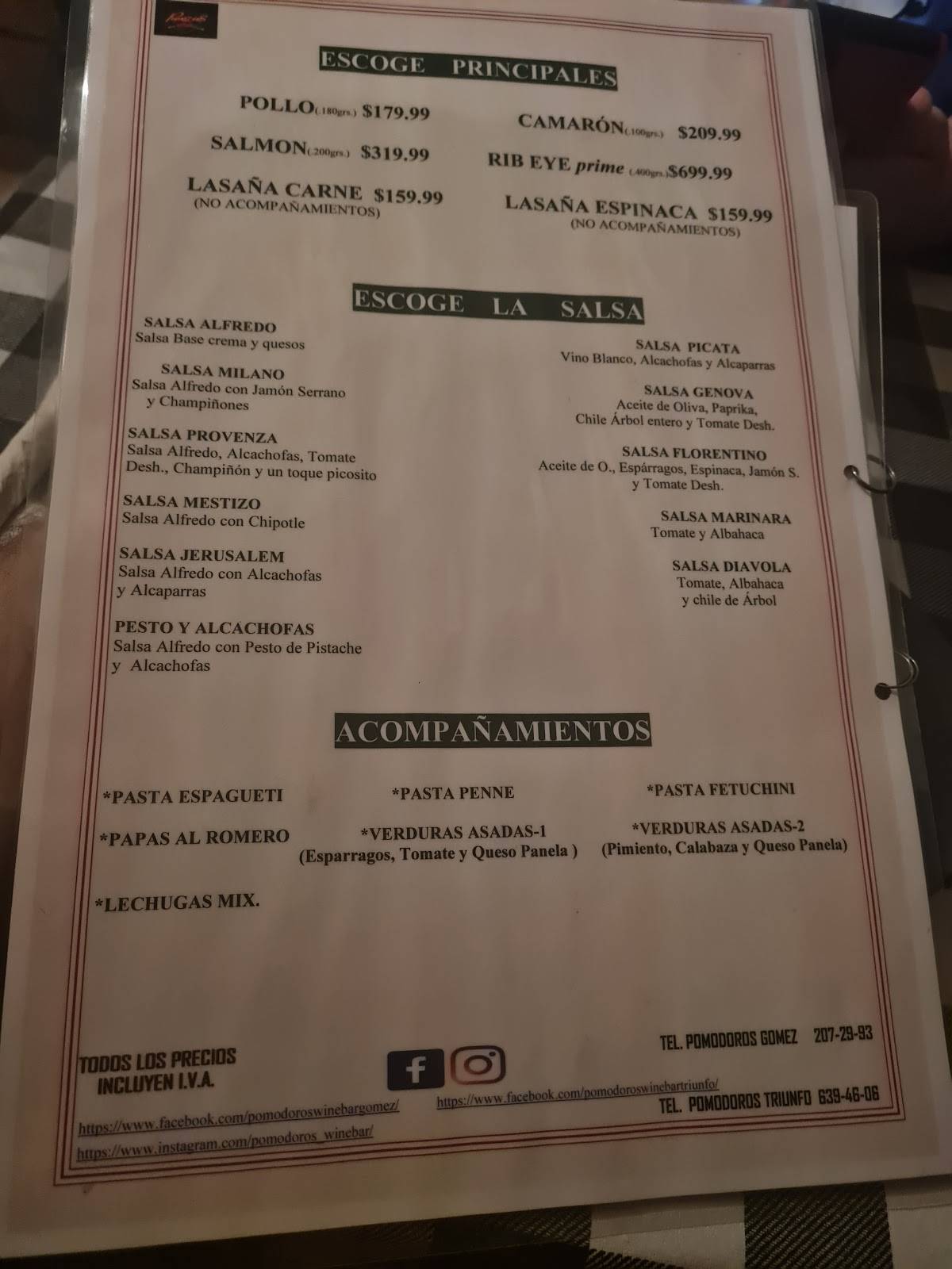Menu at Pomodoro's restaurant, Ciudad Juarez, Blvd. Manuel Gómez Morín 7464