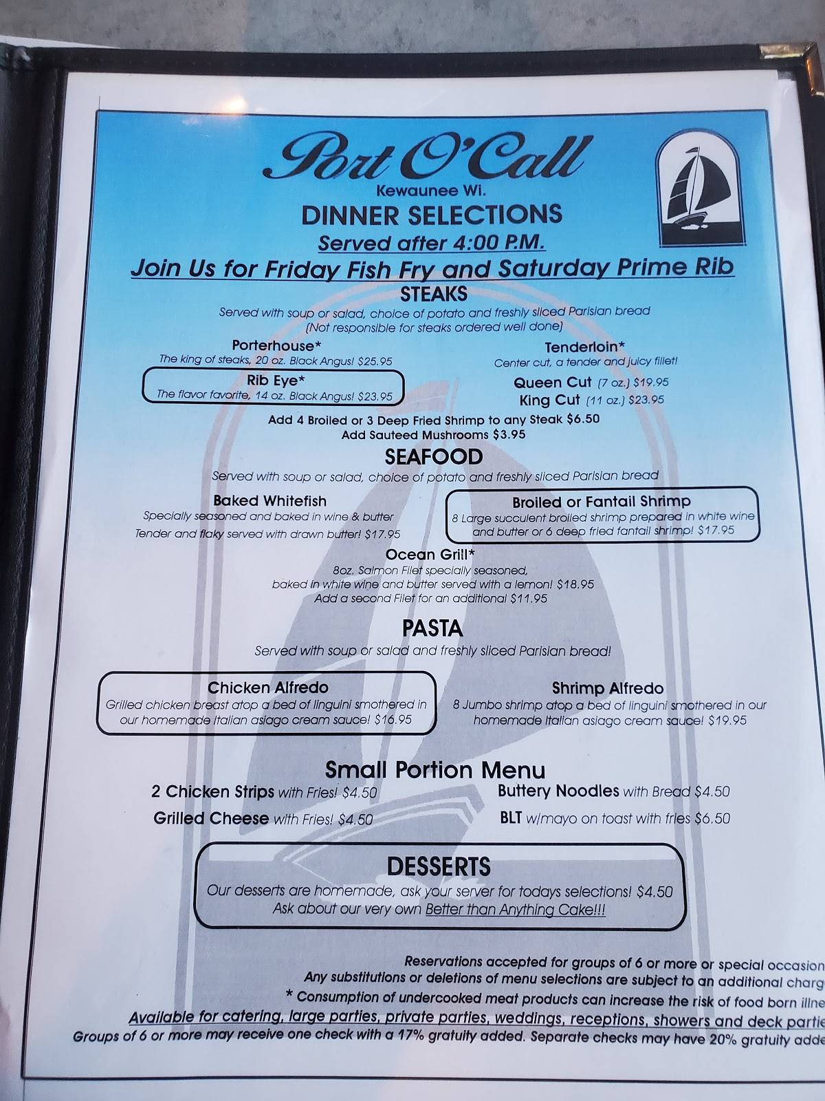 Menu at Port O'Call Harbor Center pub & bar, Kewaunee