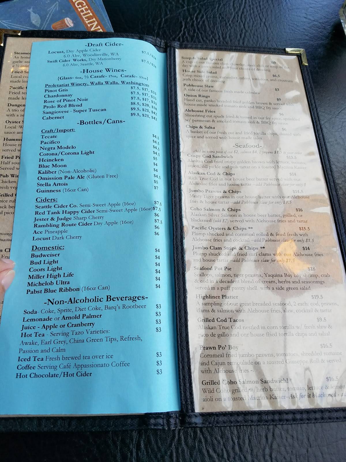 Menu at Highliner Public House, Seattle