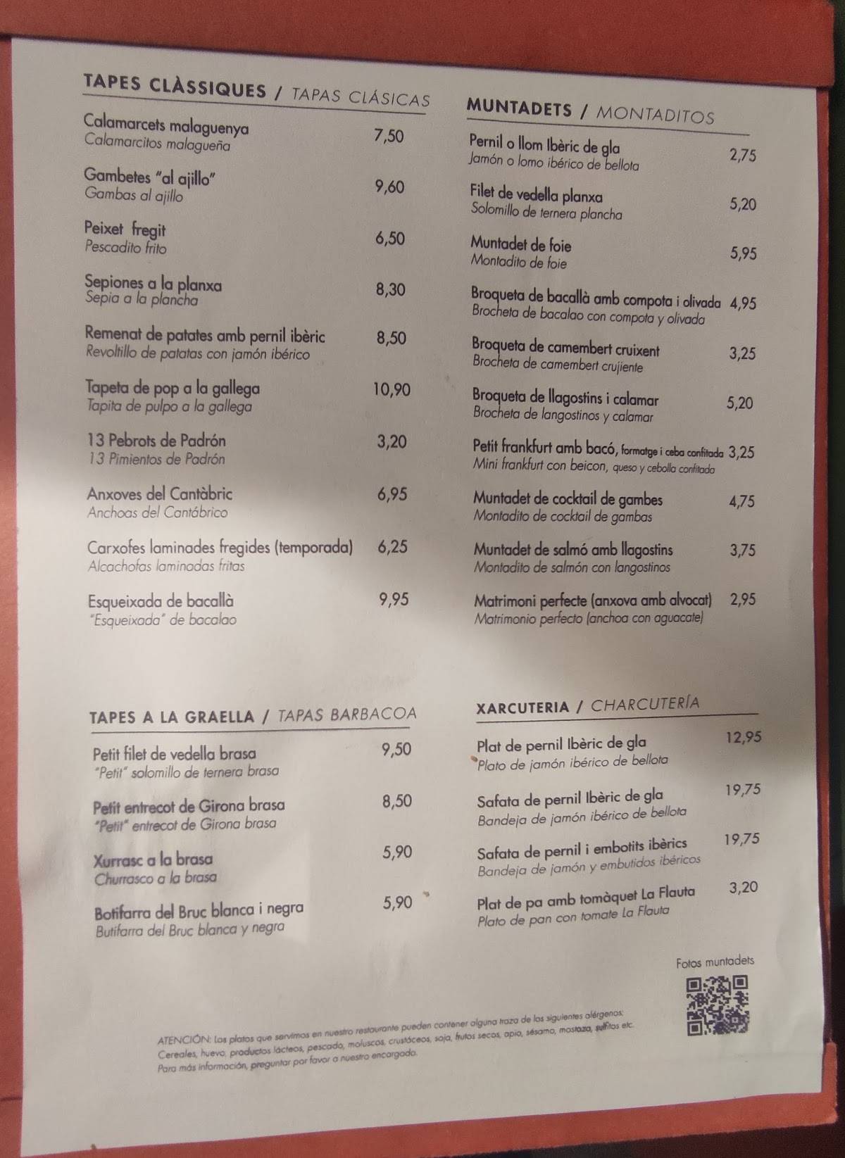 Carta de Restaurant La Flauta, Barcelona, Rambla de Catalunya
