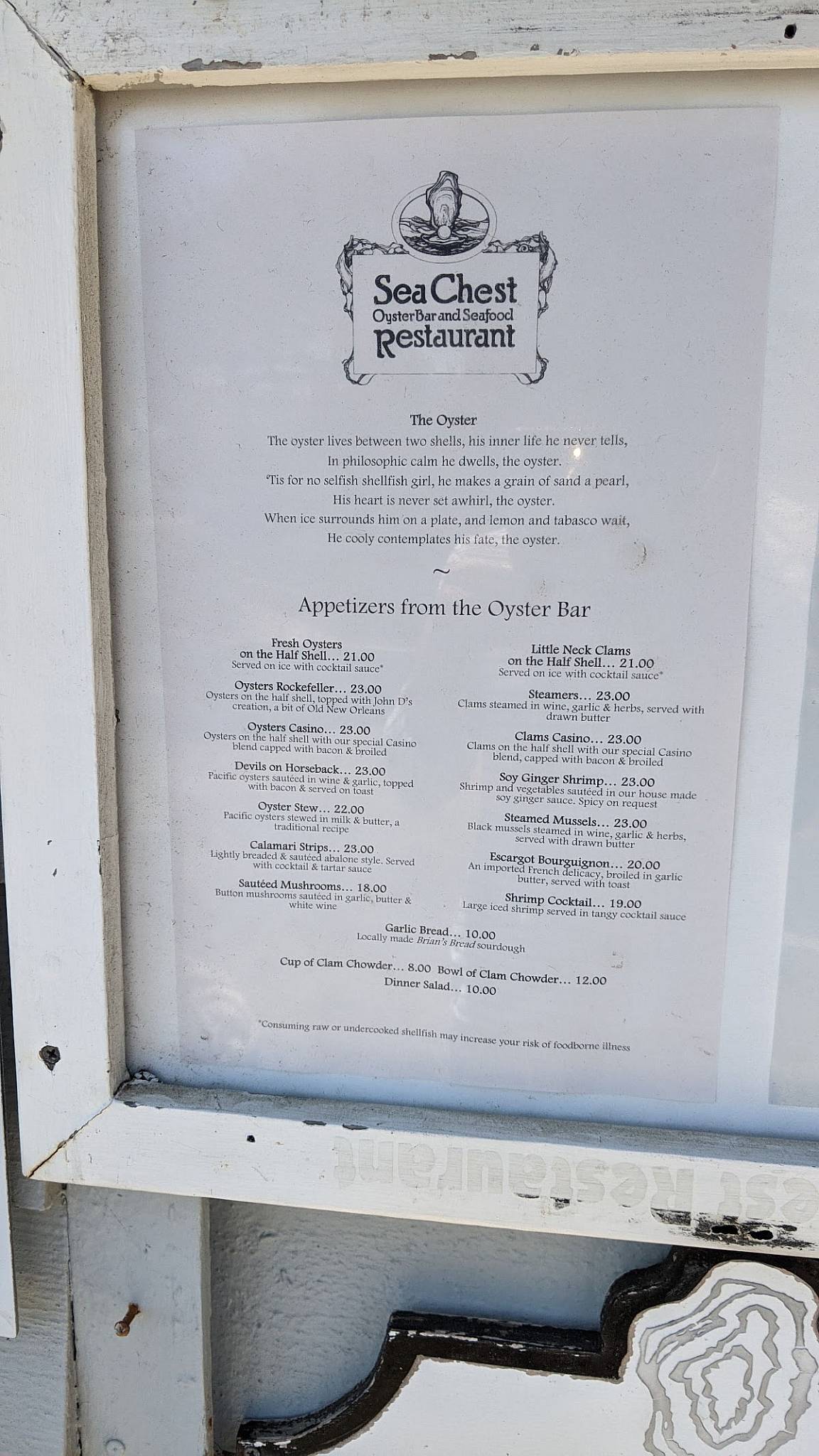 Menu at Sea Chest Oyster Bar, Cambria
