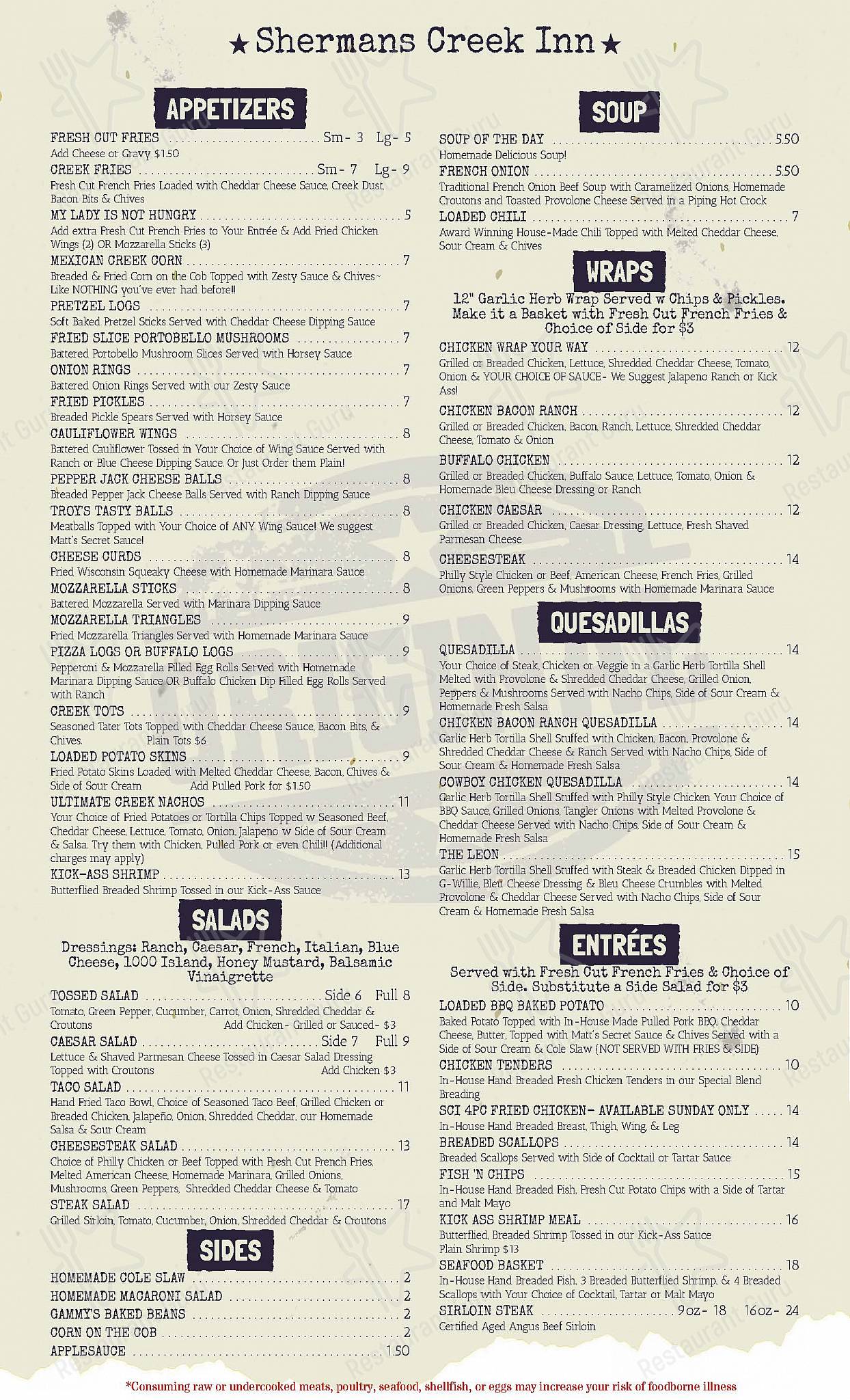 Menu at Shermans Creek Inn pub & bar, Shermans Dale