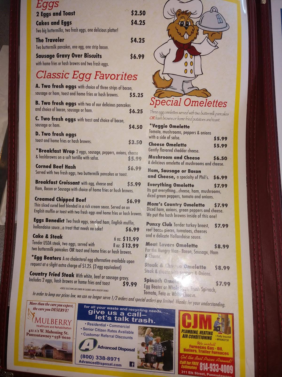 Menu at Punxy Phil's Family Restaurant, Punxsutawney
