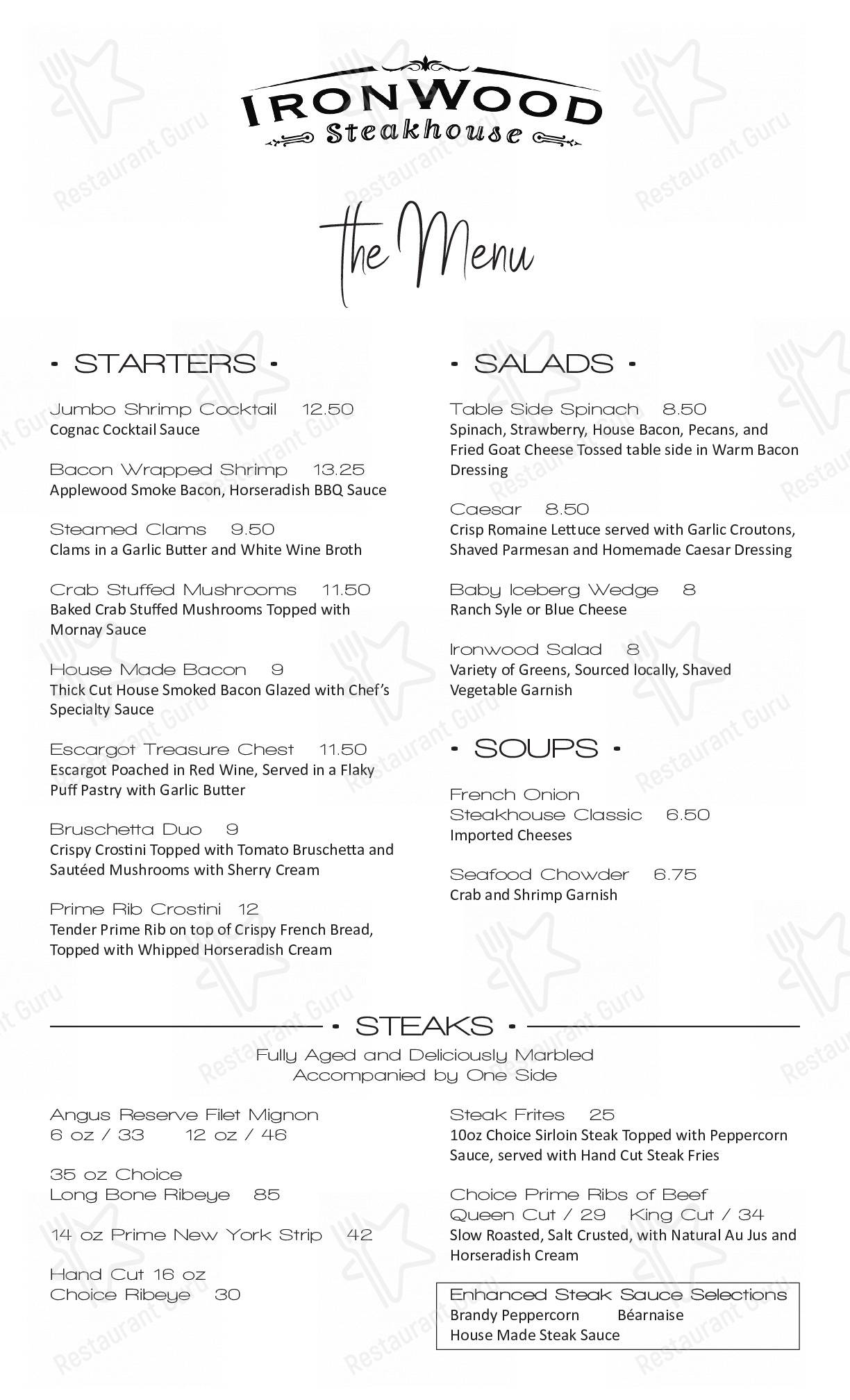 Menu at Ironwood Steakhouse, USA, 525 Algodones Rd