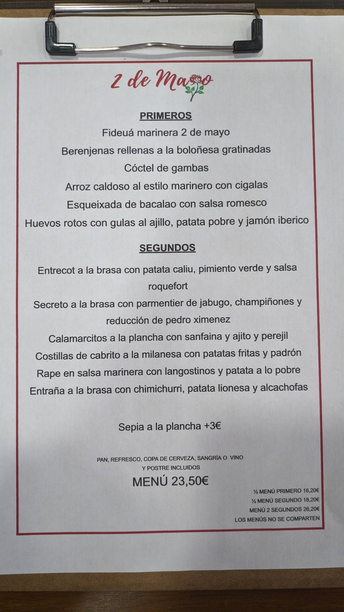 Carta de RESTAURANTE 2 DE MAYO San Juan Despí