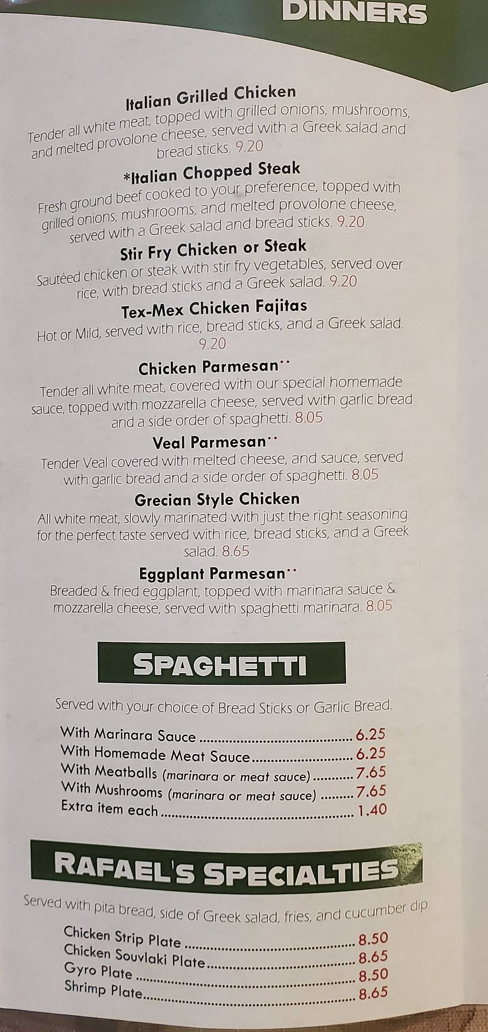 Menu at Rafael's Italian Restaurant, Fayetteville