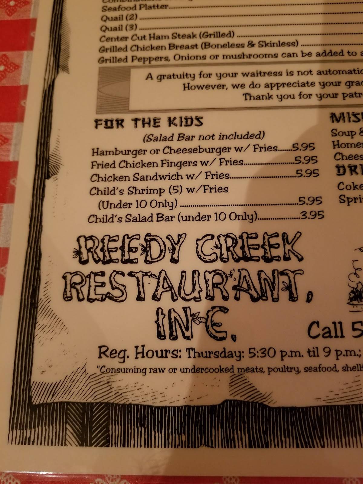 Menu at Reedy Creek Steakhouse, USA