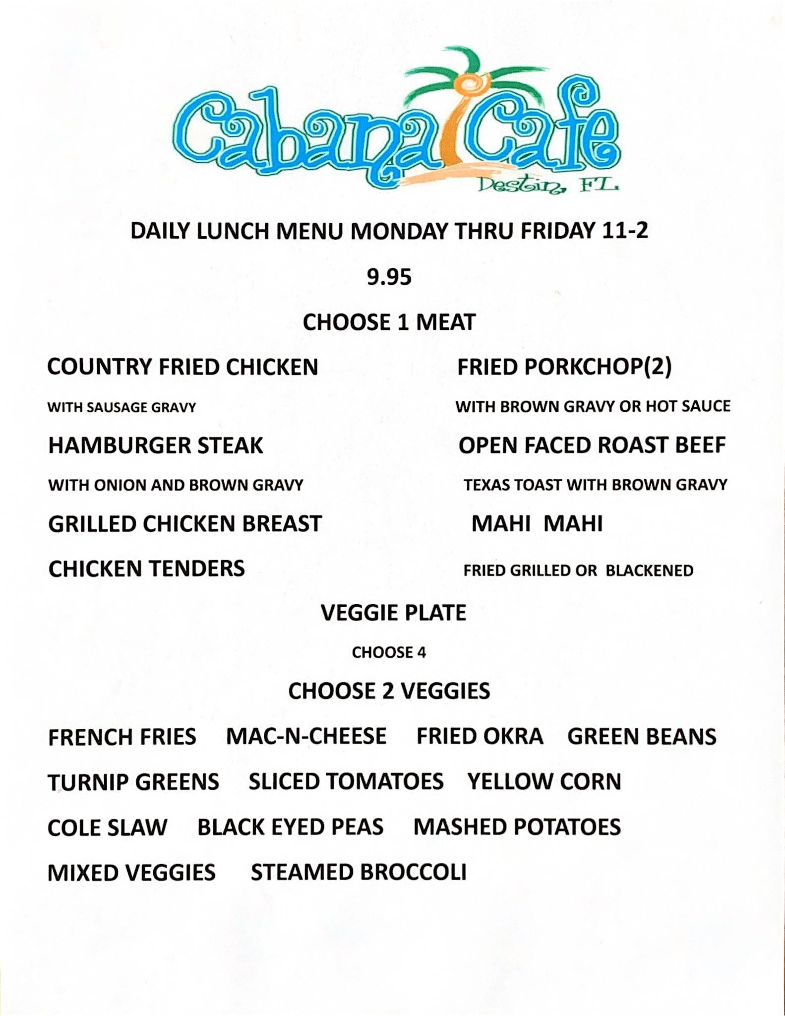 Menu at Cabana Cafe, Miramar Beach, 112 Seascape Dr