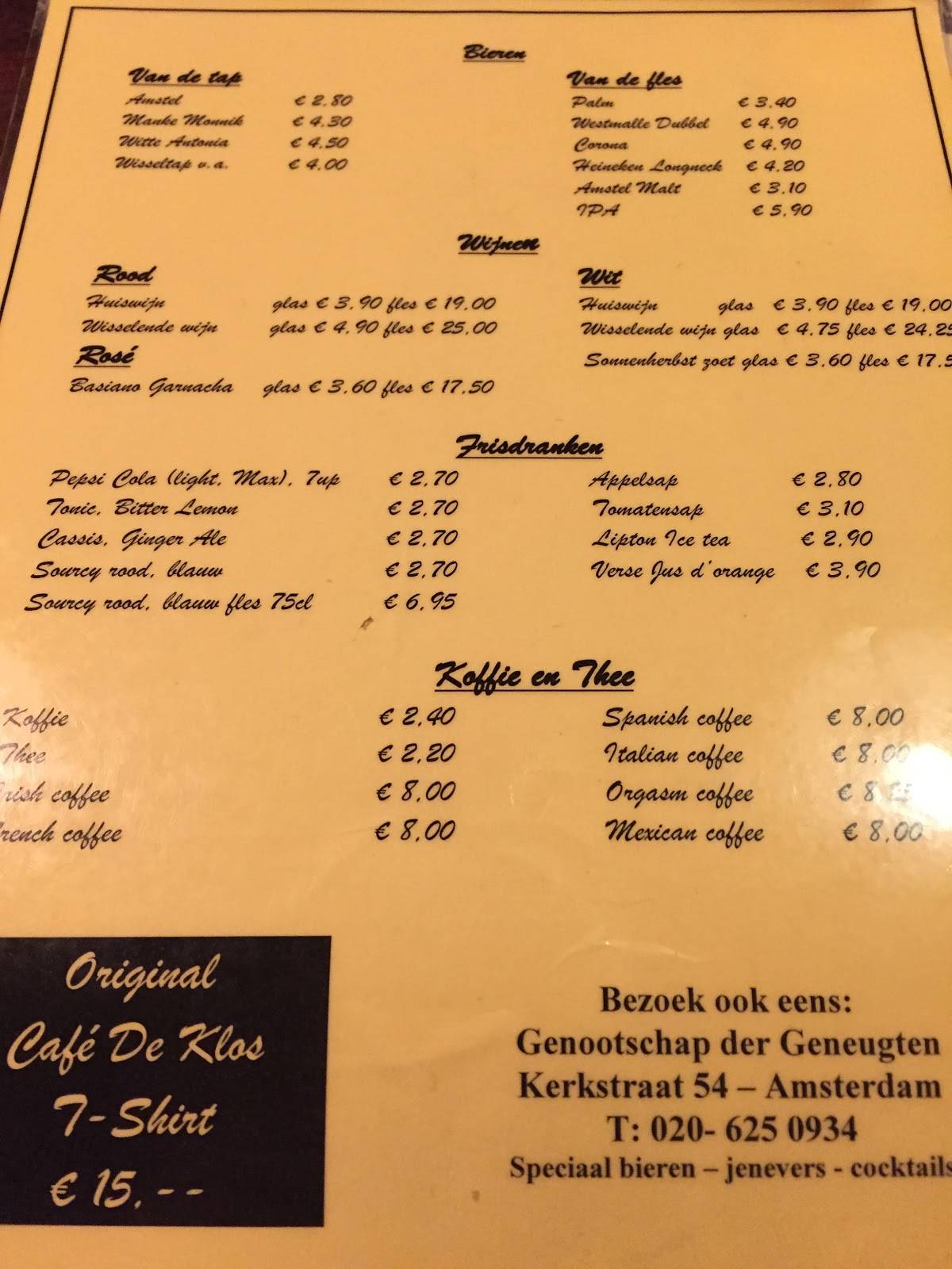 Menu at Cafe De Klos, Amsterdam
