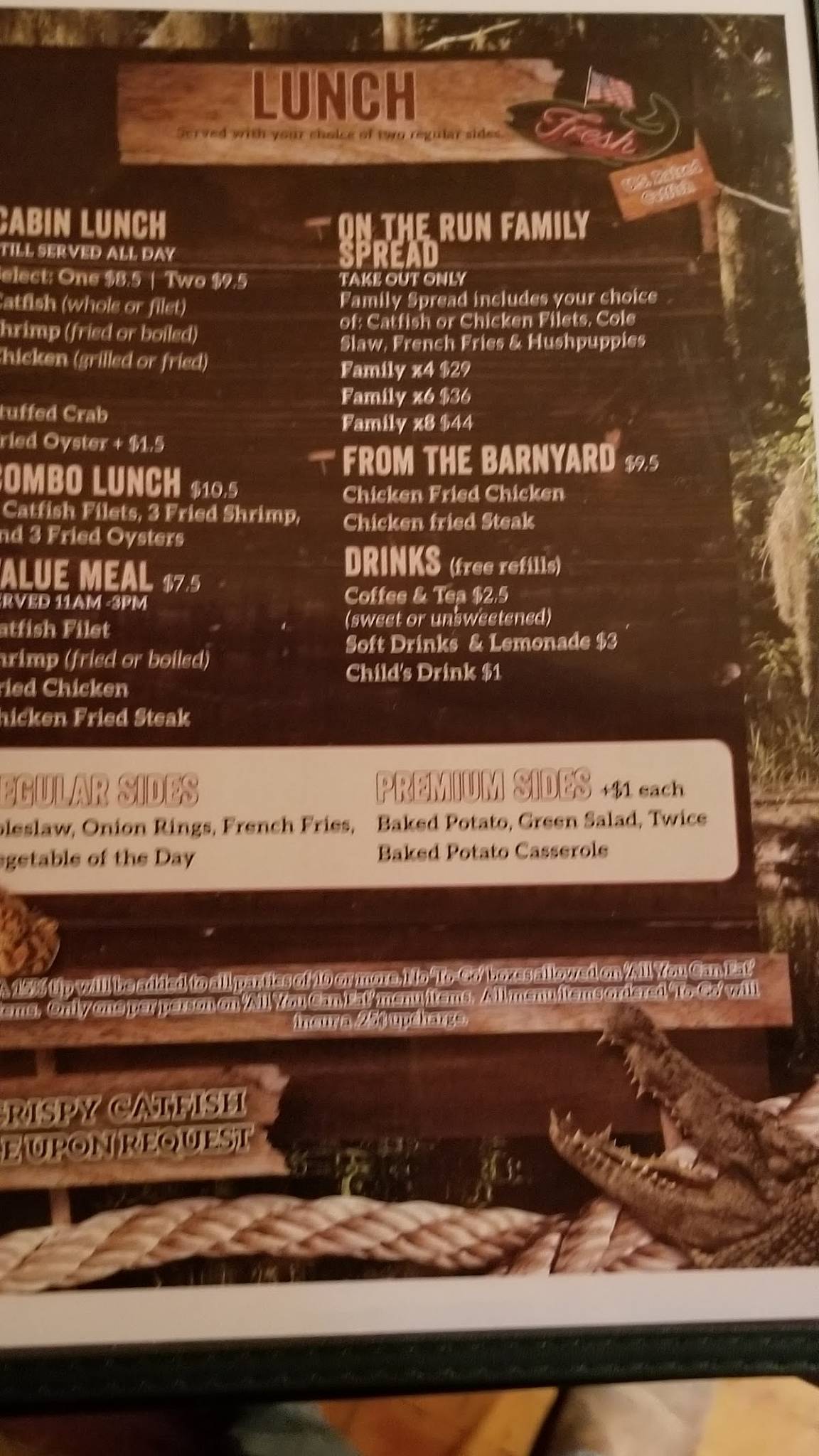 Menu at Catfish Cabin restaurant, Monroe, Louisville Ave