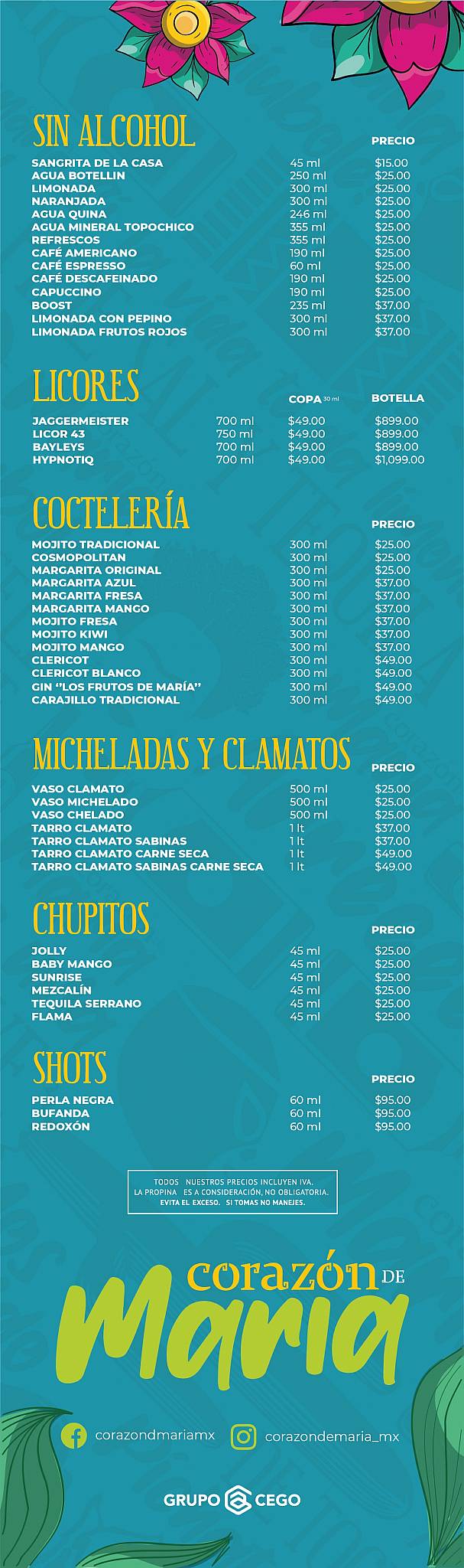 Menu at Corazón de María restaurant Saltillo