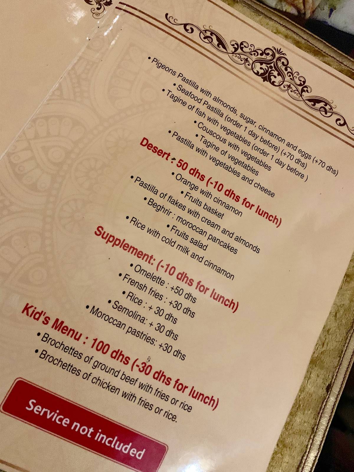 Carta del restaurante Dar Essalam, Marrakech