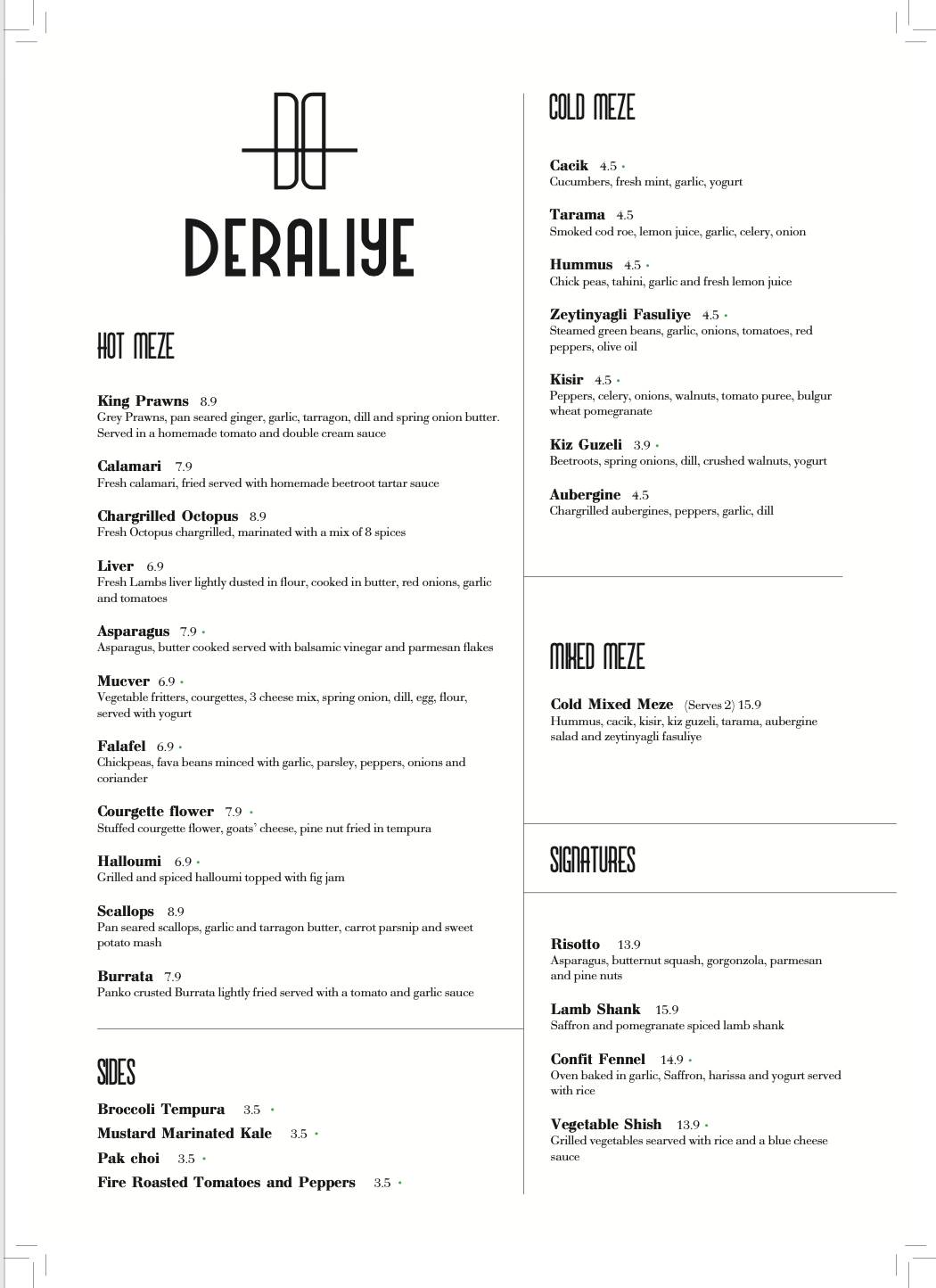 Menu at Deraliye Turkish Restaurant Cockfosters, London