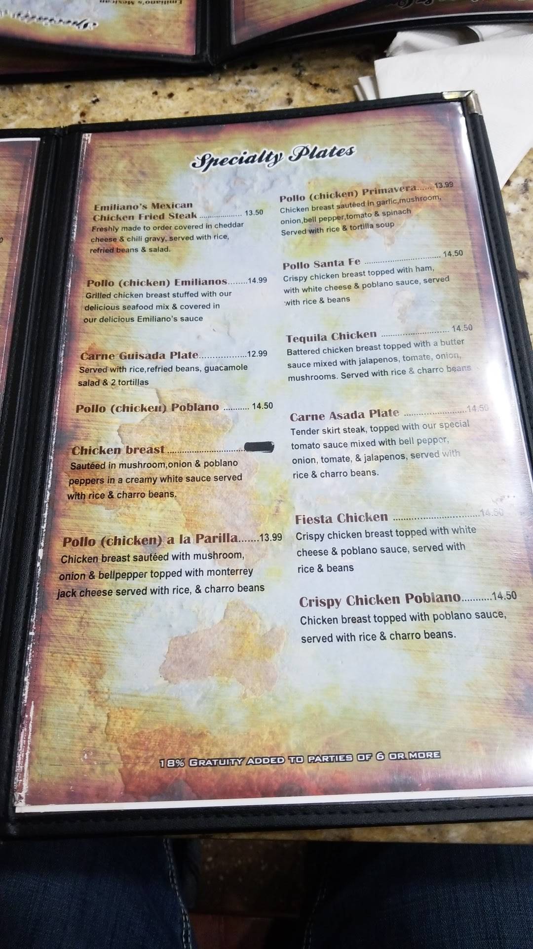 Menu at Emilianos Mexican Grill restaurant, Yoakum