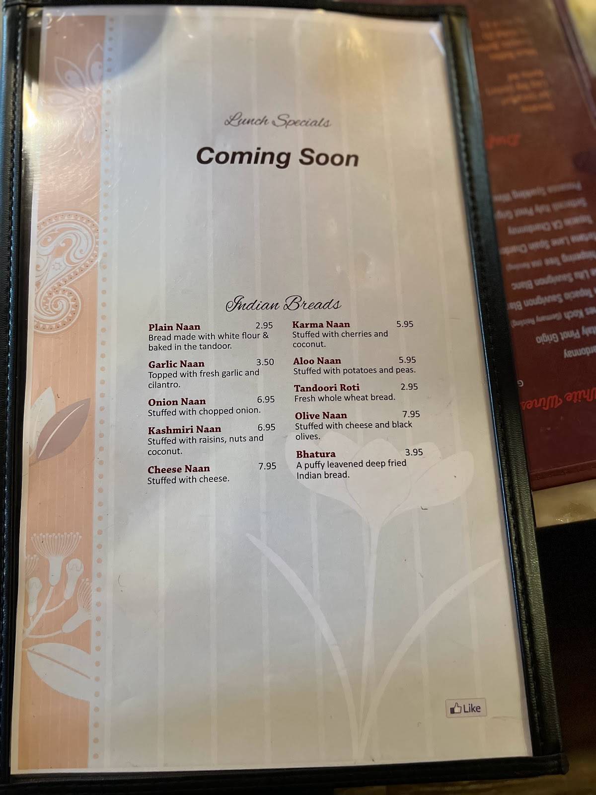 Menu at Karma Indian Cuisine and Lounge restaurant, Puyallup