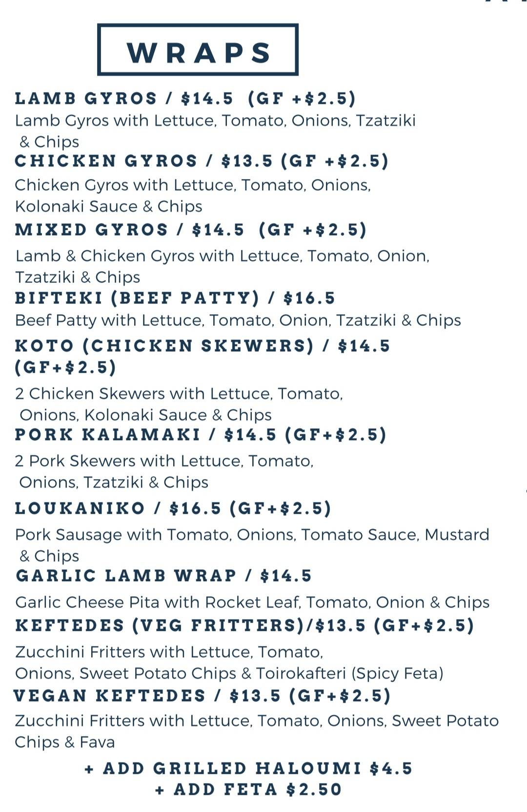 Menu at Kolonaki Athenian Street Food restaurant, Malvern