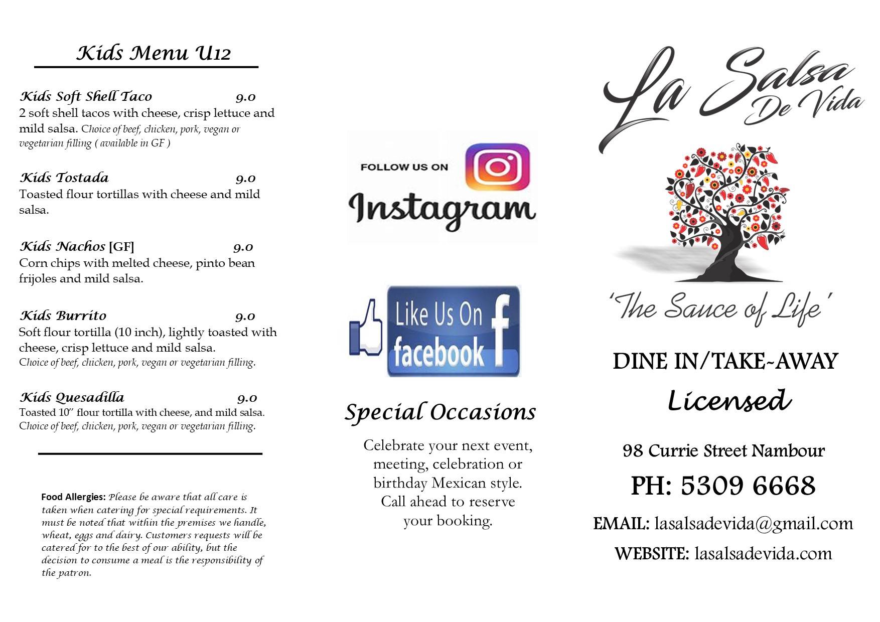 Menu at La Salsa De Vida Mexican restaurant, Nambour