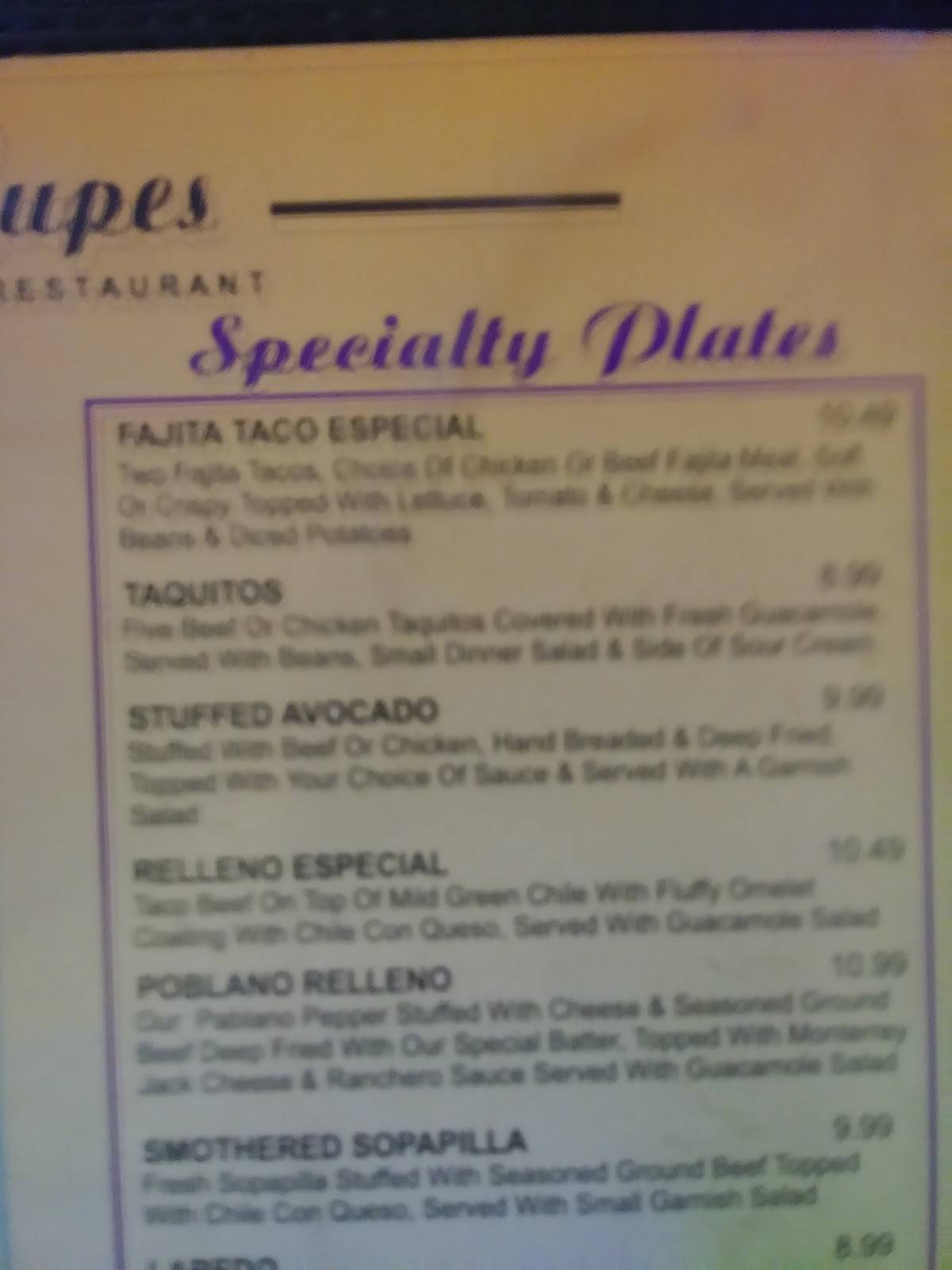 Menu at Lupes II In Vernon restaurant, Vernon