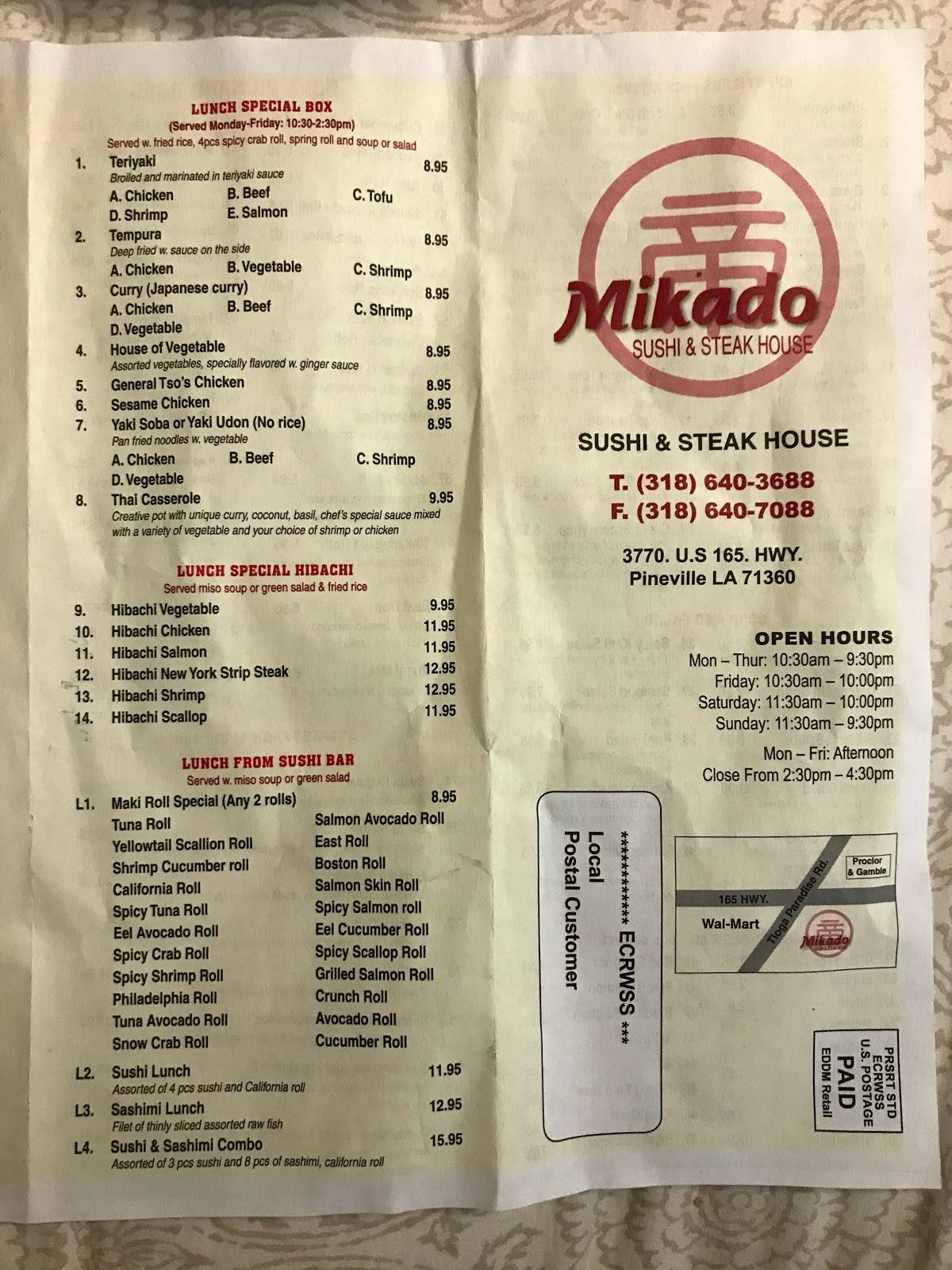 Menu at Mikado Sushi & Steak House restaurant, Pineville