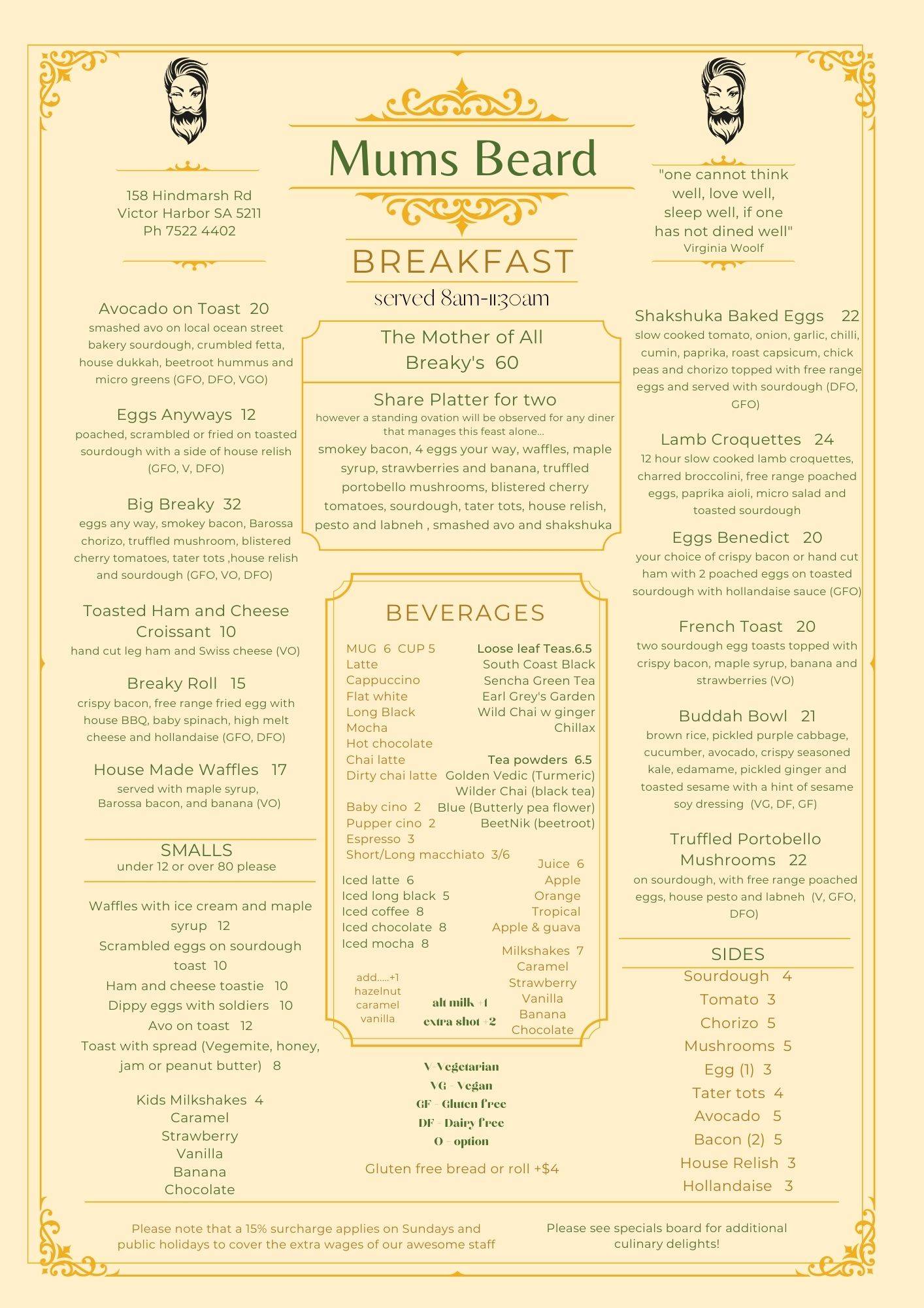 Menu at Mums Beard Cafe, Victor Harbor