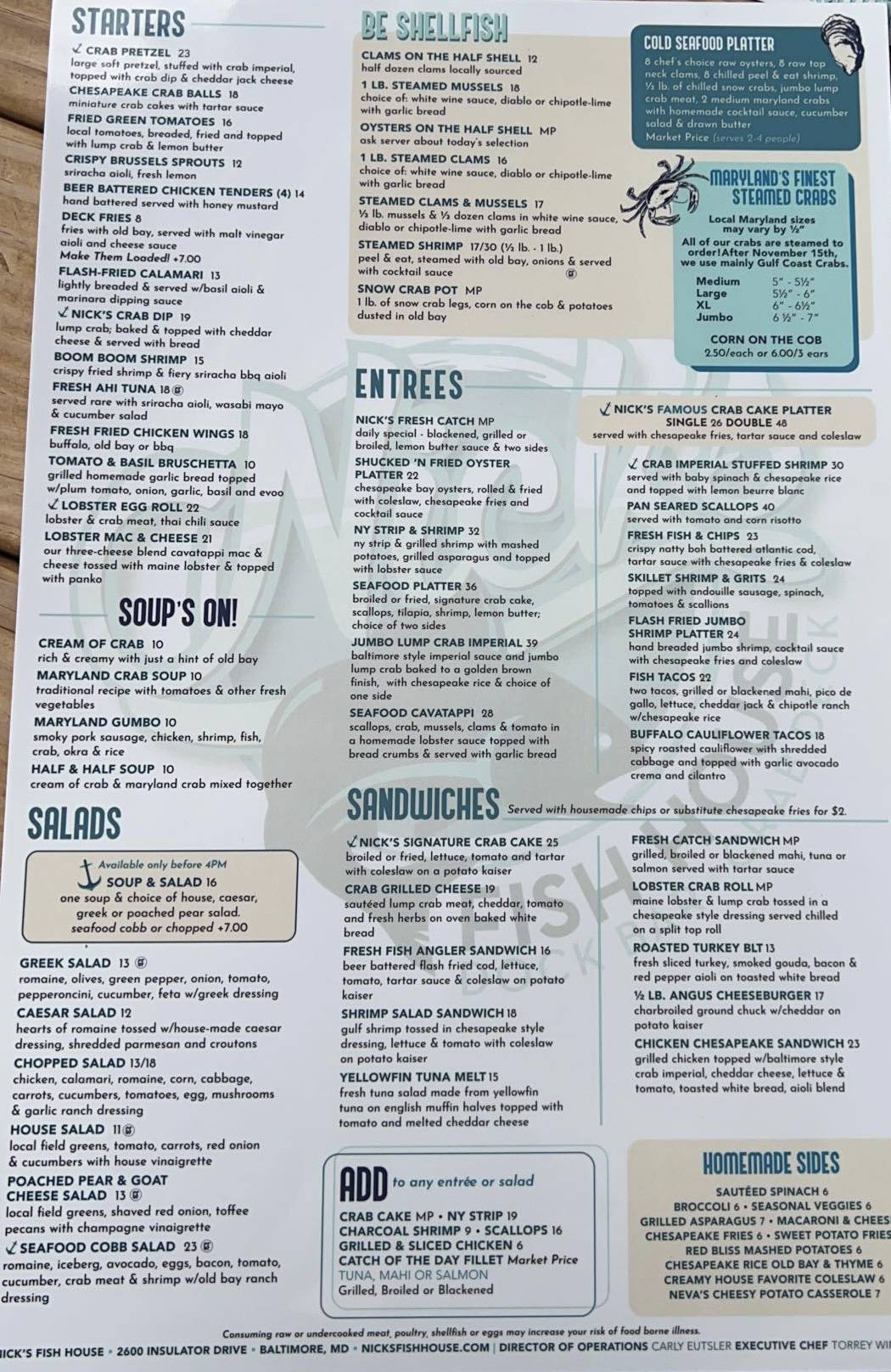 Menu at Nick's Fish House restaurant, Baltimore