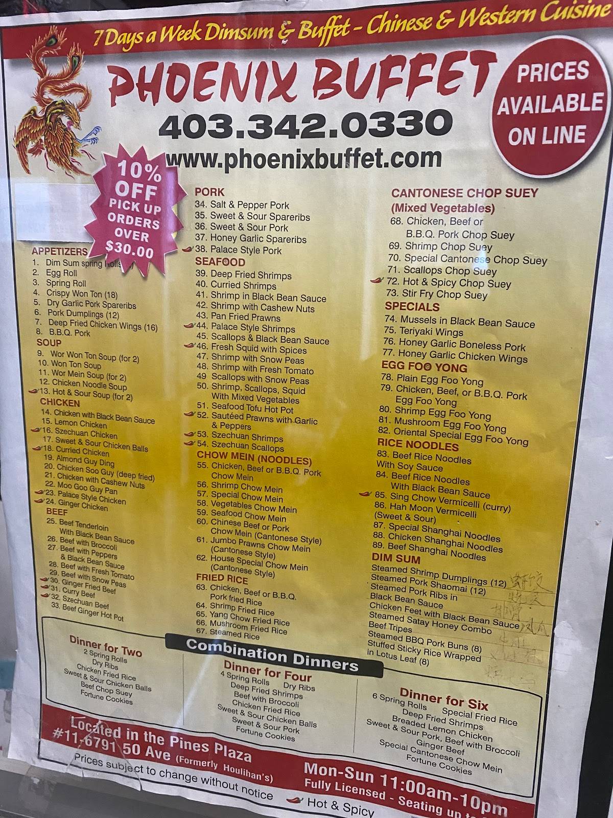 Menu at Phoenix Buffet restaurant, Red Deer