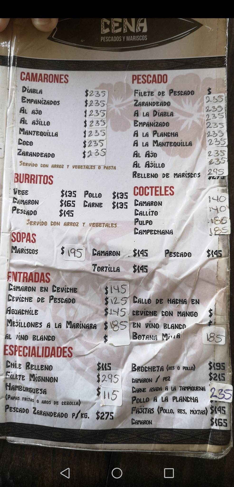 Menu at Ramones restaurant, La Cruz de Huanacaxtle