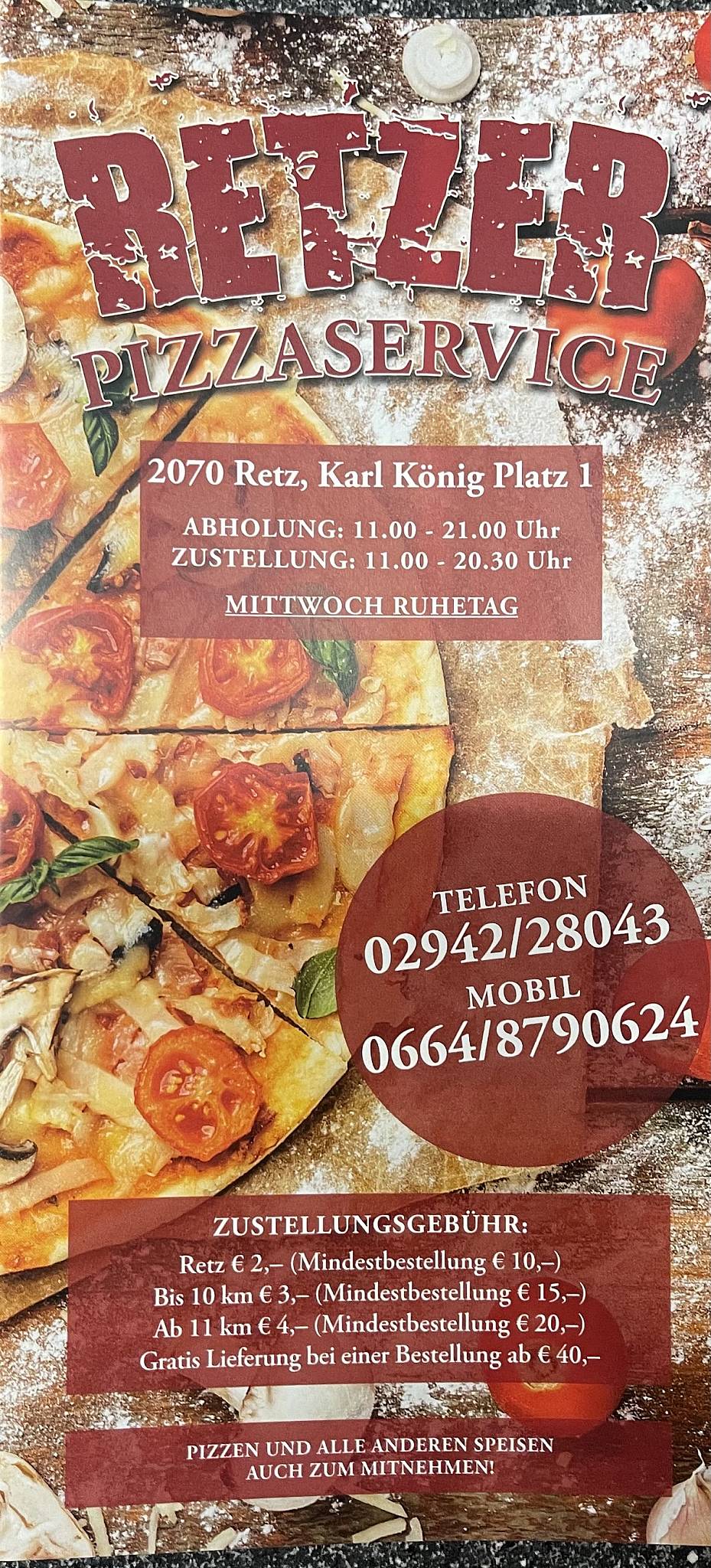 Меню Retzer Pizzaservice, Рец