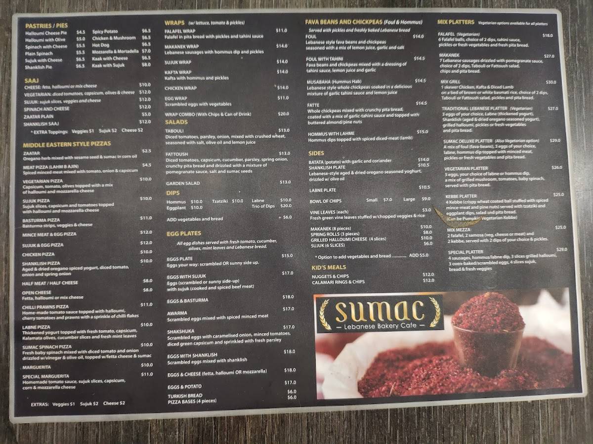 Menu at SUMAC Lebanese Bakery Cafe, Niddrie