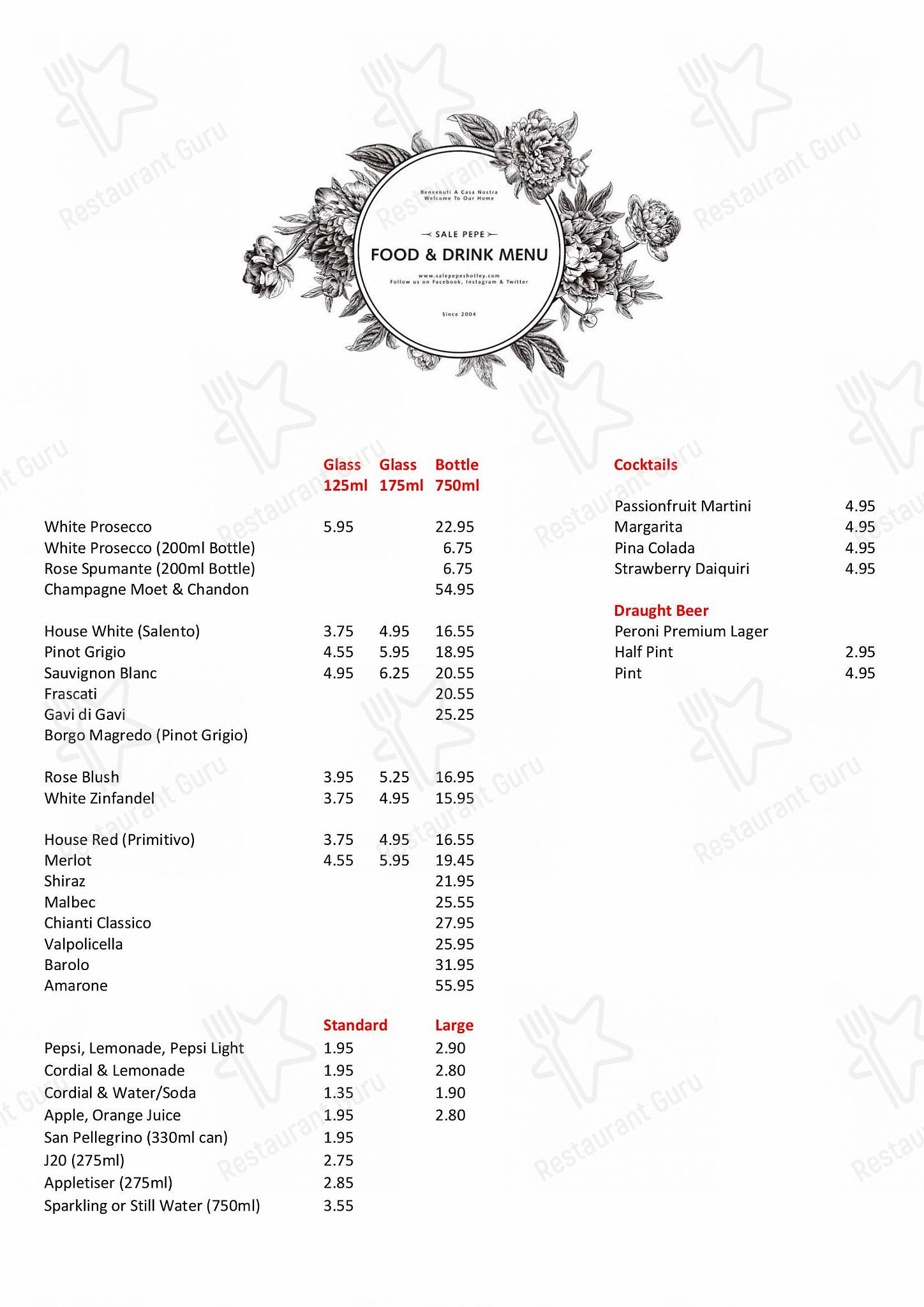 Menu at Sale Pepe, Shotley Bridge restaurant, Consett, 1011 Front St