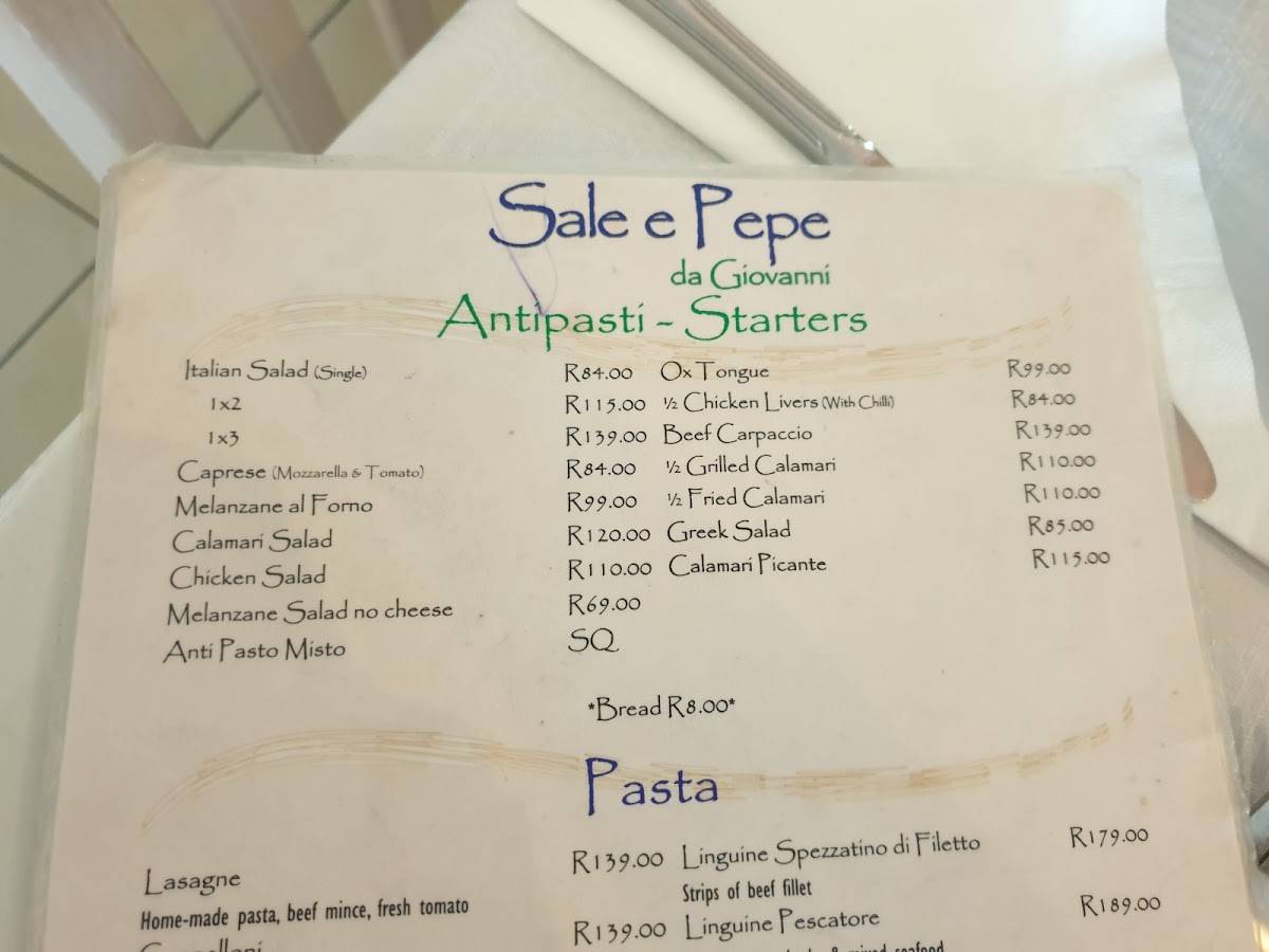 Menu at Sale e Pepe Da Giovanni restaurant, Sandton, Morningview