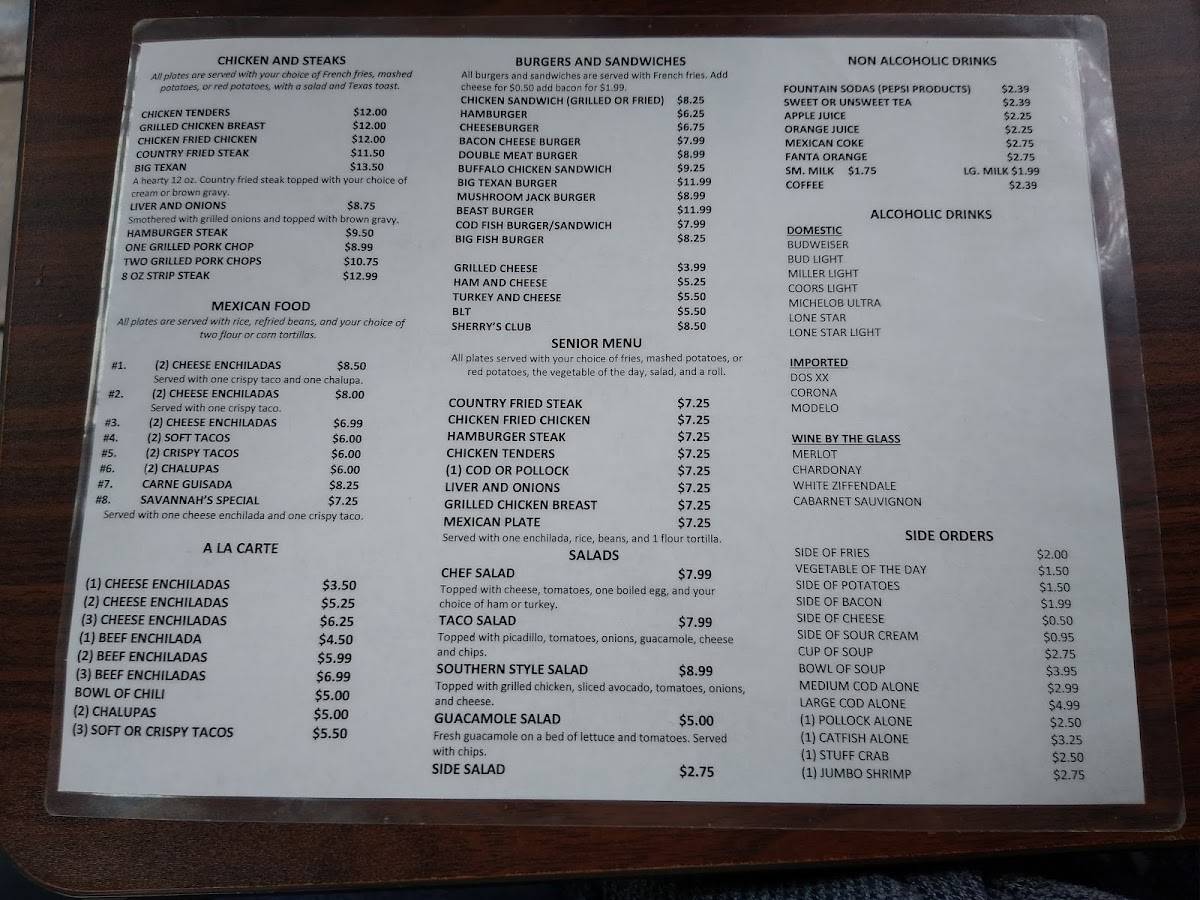 Menu at Sherry's Texan Seafood Restaurant, San Antonio, Pleasanton Rd