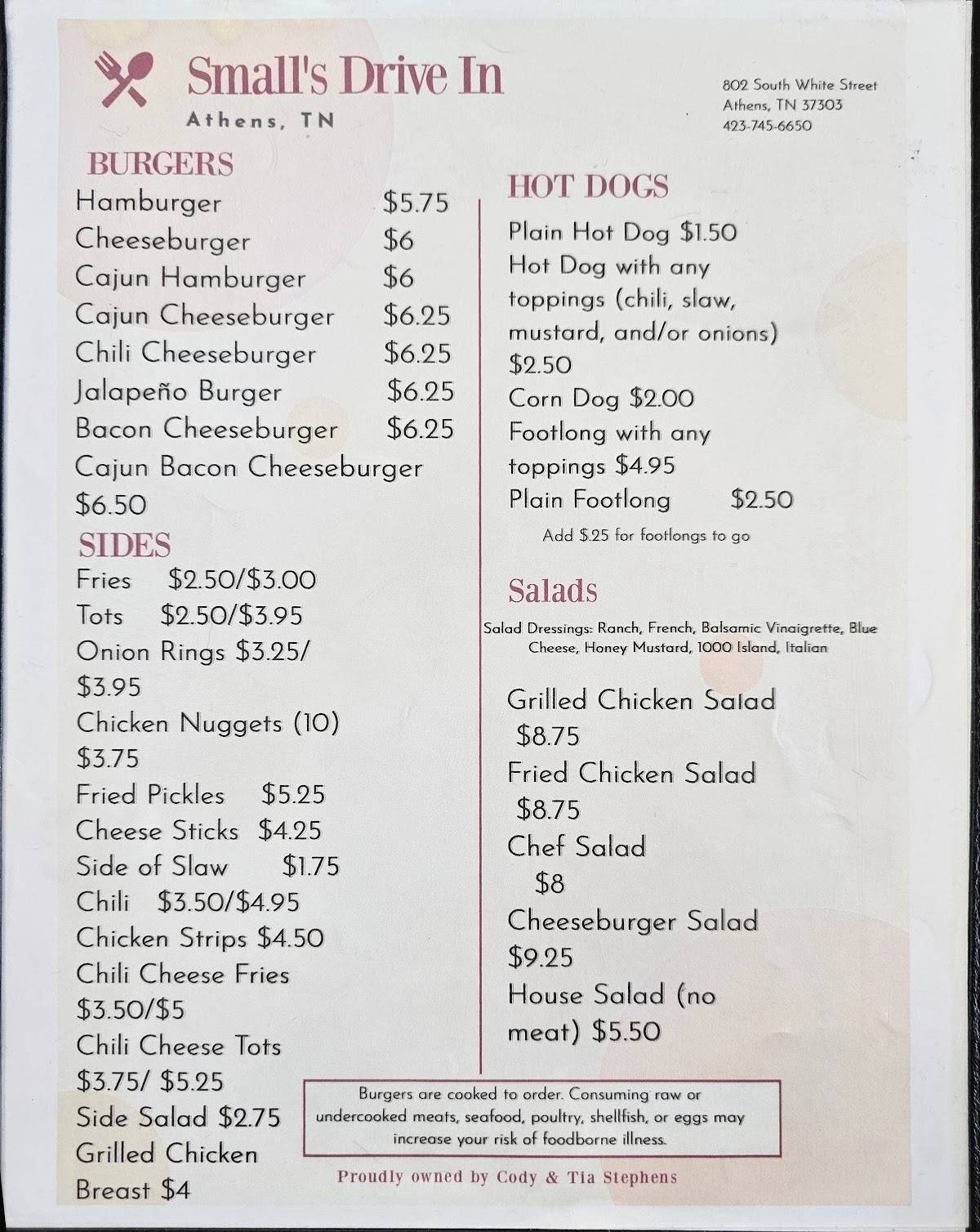 Menu at Small's Drive In restaurant, Athens