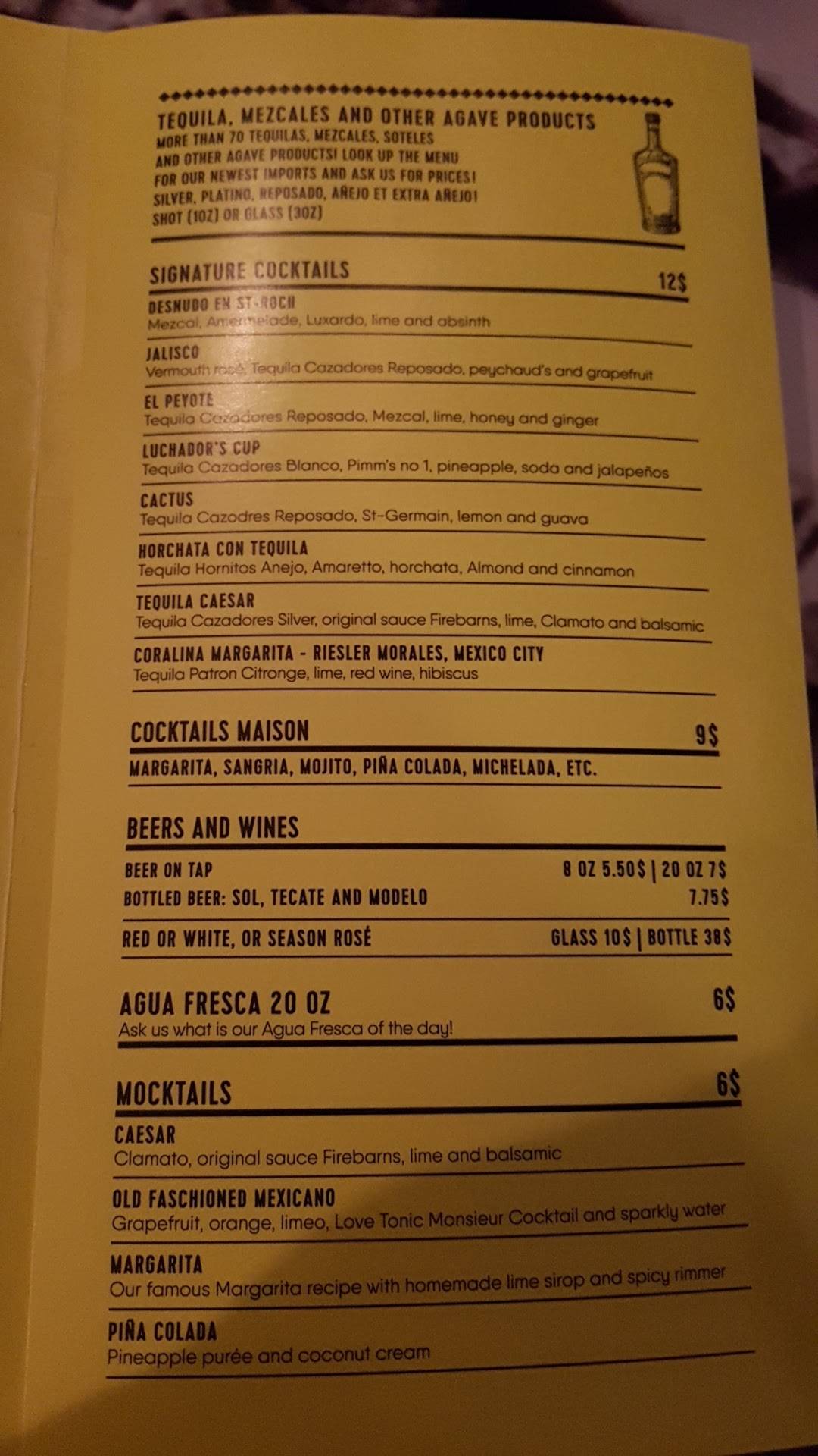 Menu au Tequila Lounge restaurant, Québec