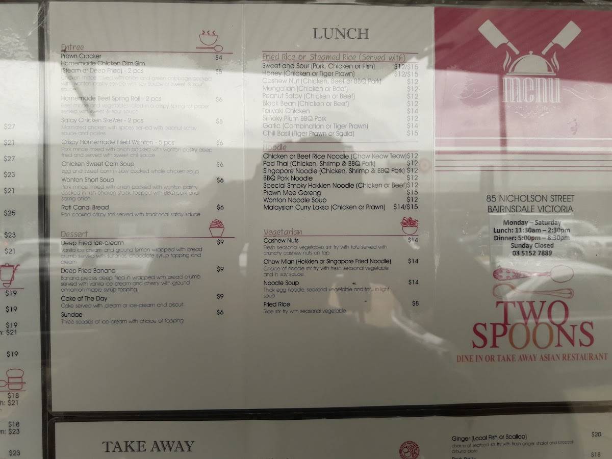 Menu at Two Spoons restaurant, Bairnsdale