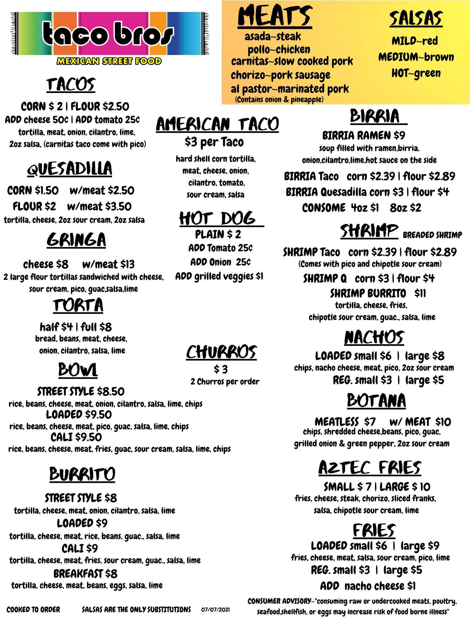 Menu at taco bros restaurant, Wyandotte