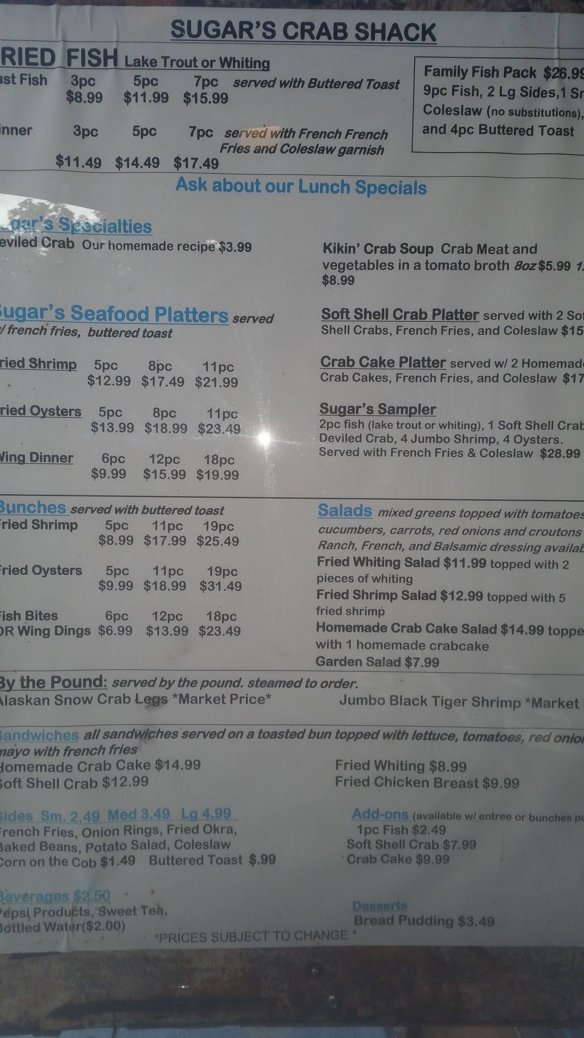 Menu at Sugar's Crab Shack restaurant, Richmond