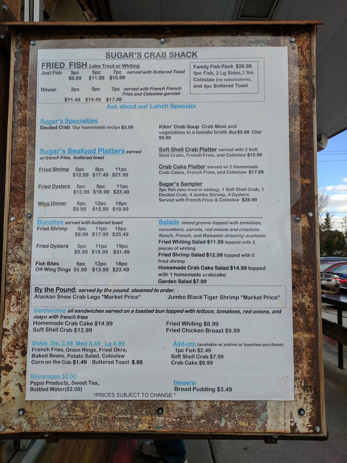Menu at Sugar's Crab Shack restaurant, Richmond