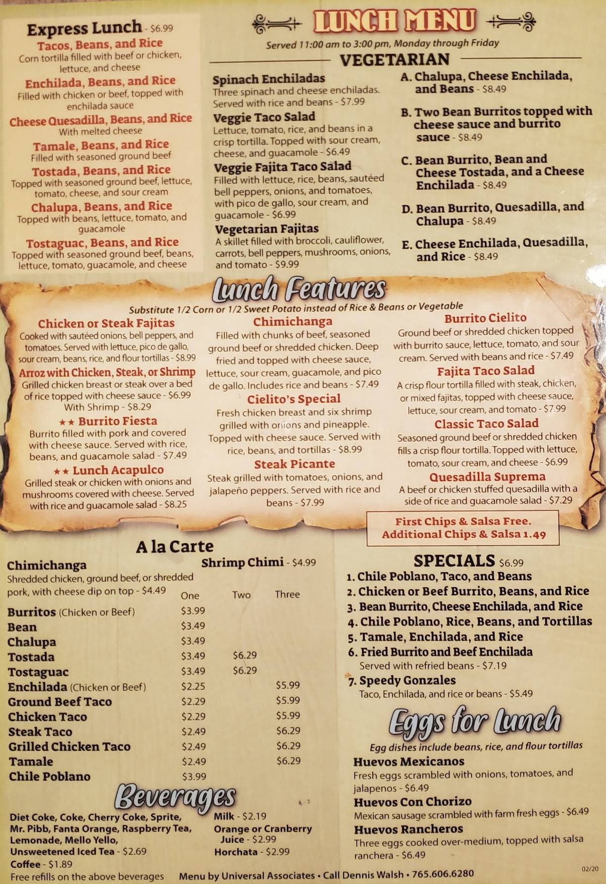 Menu at El Cielito Lindo restaurant, Rochester, Main St